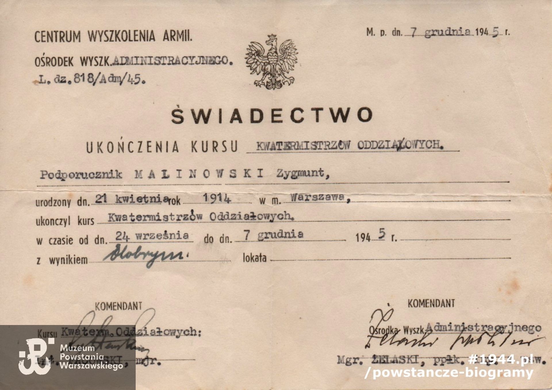 Świadectwo ukończenia kursu kwatermistrzów oddziałowych.  Ze zbiorów rodzinnych p. Ryszarda Malinowskiego.