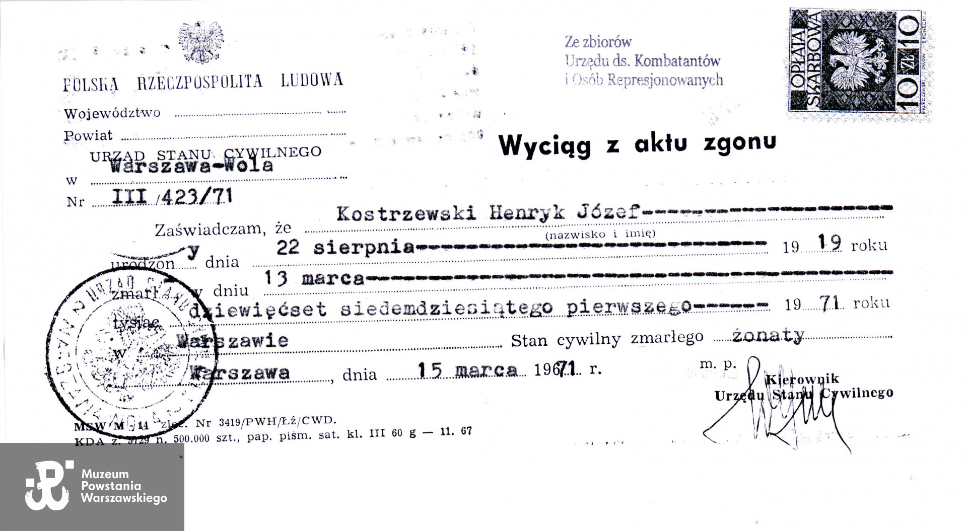 Muzeum Powstania Warszawskiego, Teczki personalne uczestników Powstania Warszawskiego: Kostrzewski Henryk, kopia wyciągu z aktu zgonu