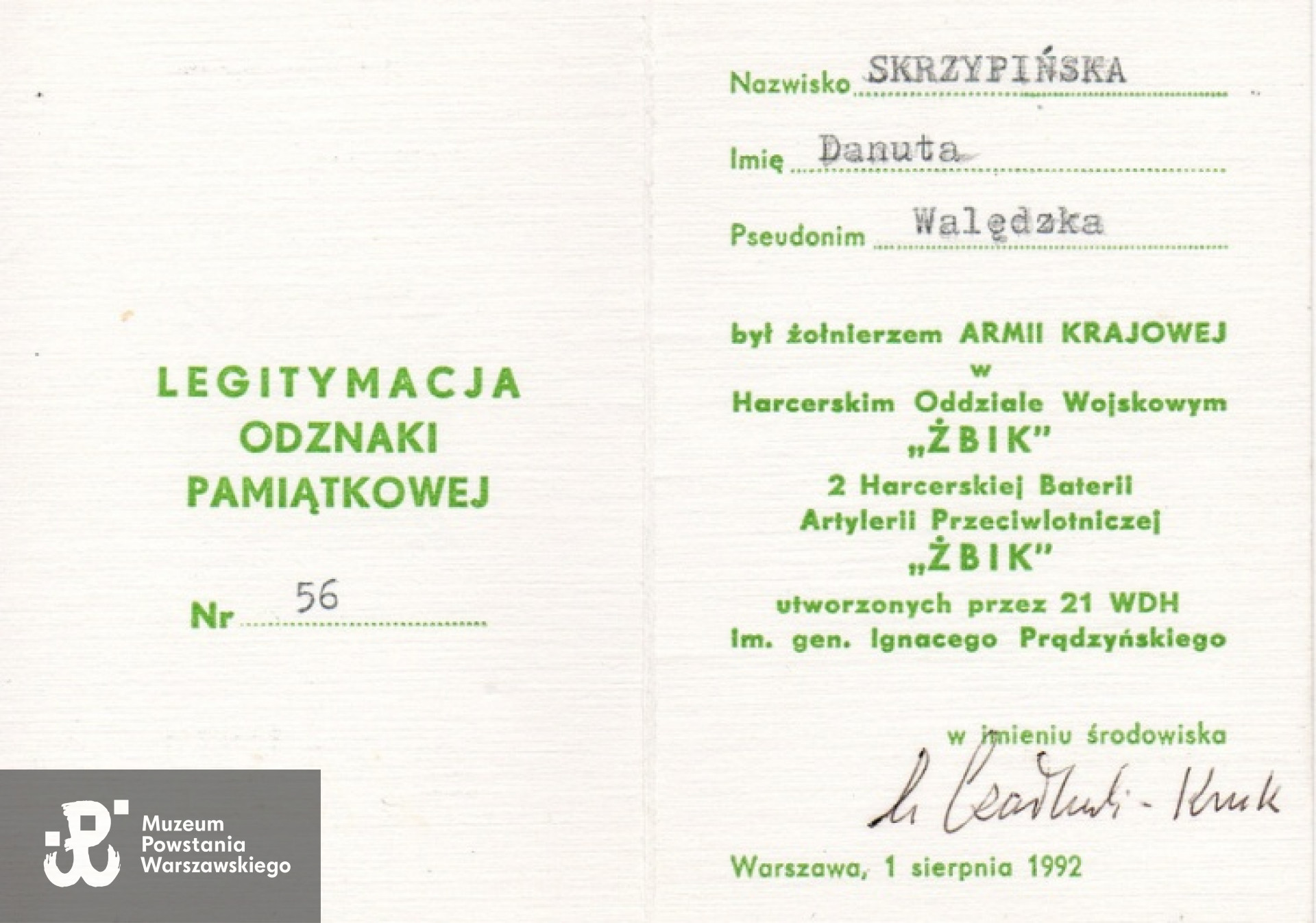 Legitymacja Odznaki Pamiątkowej Harcerskiego Oddziału Wojskowego "Żbik". Zdjęcie ze zbiorów Danuty Skrzypińskiej / Archiwum 2. HBAP "Żbik"