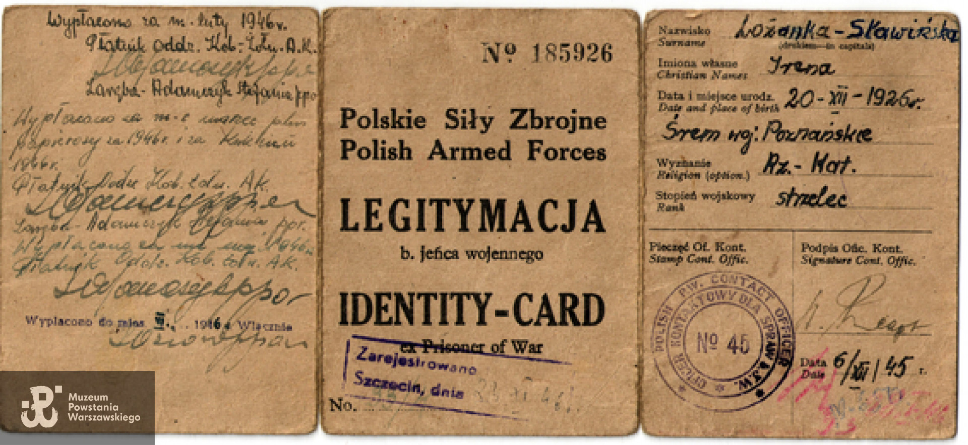 Legitymacja b. jeńca wojennego wydana przez Polskie Siły Zbrojne. Ze zbiorów Ireny Loga / Archiwum 2. HBAP "Żbik"