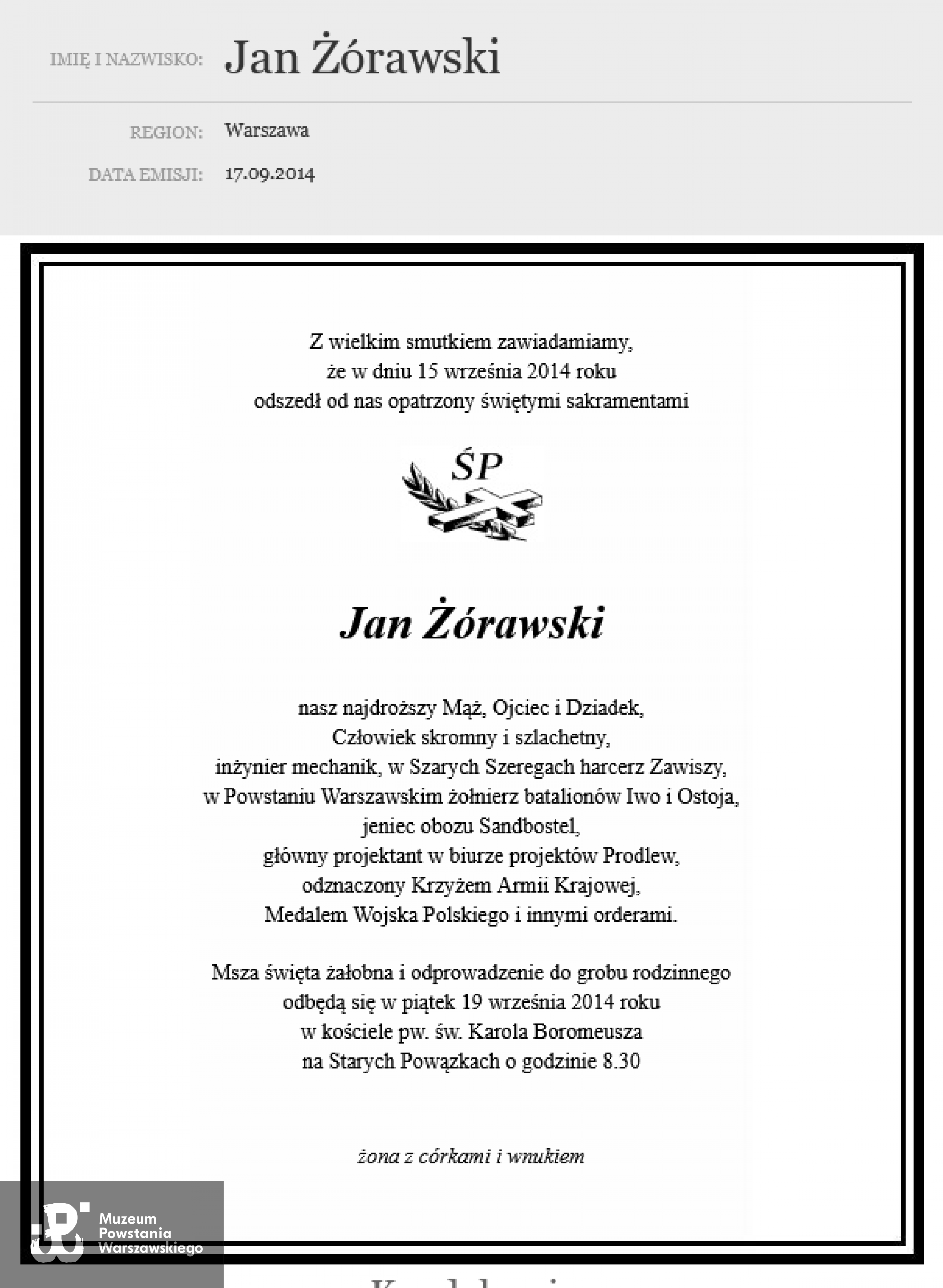 Nekrolog prasowy, GW, data emisji 17.09.2014,  http://nekrologi.wyborcza.pl