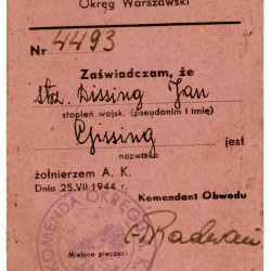 Legitymacja Armii Krajowej, dokument wystawiony  na nazwisko strz. Jan Gissing, dar p. Hanny Dąbrowskiej-Gising
