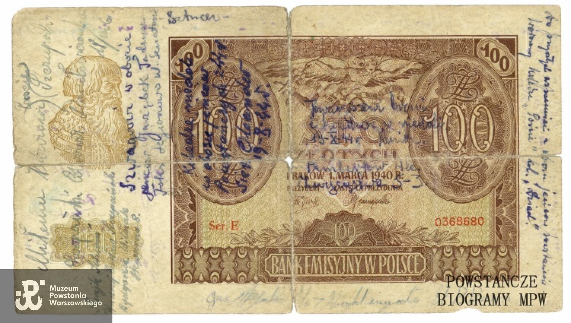 Banknot GG o nominale 100 zł  z napisami dokonanymi  w czasie pobytu w obozie jenieckim. Ze zbiorów Muzeum Powstania Warszawskiego, sygn. P/3091, dar Stefanii Osiak