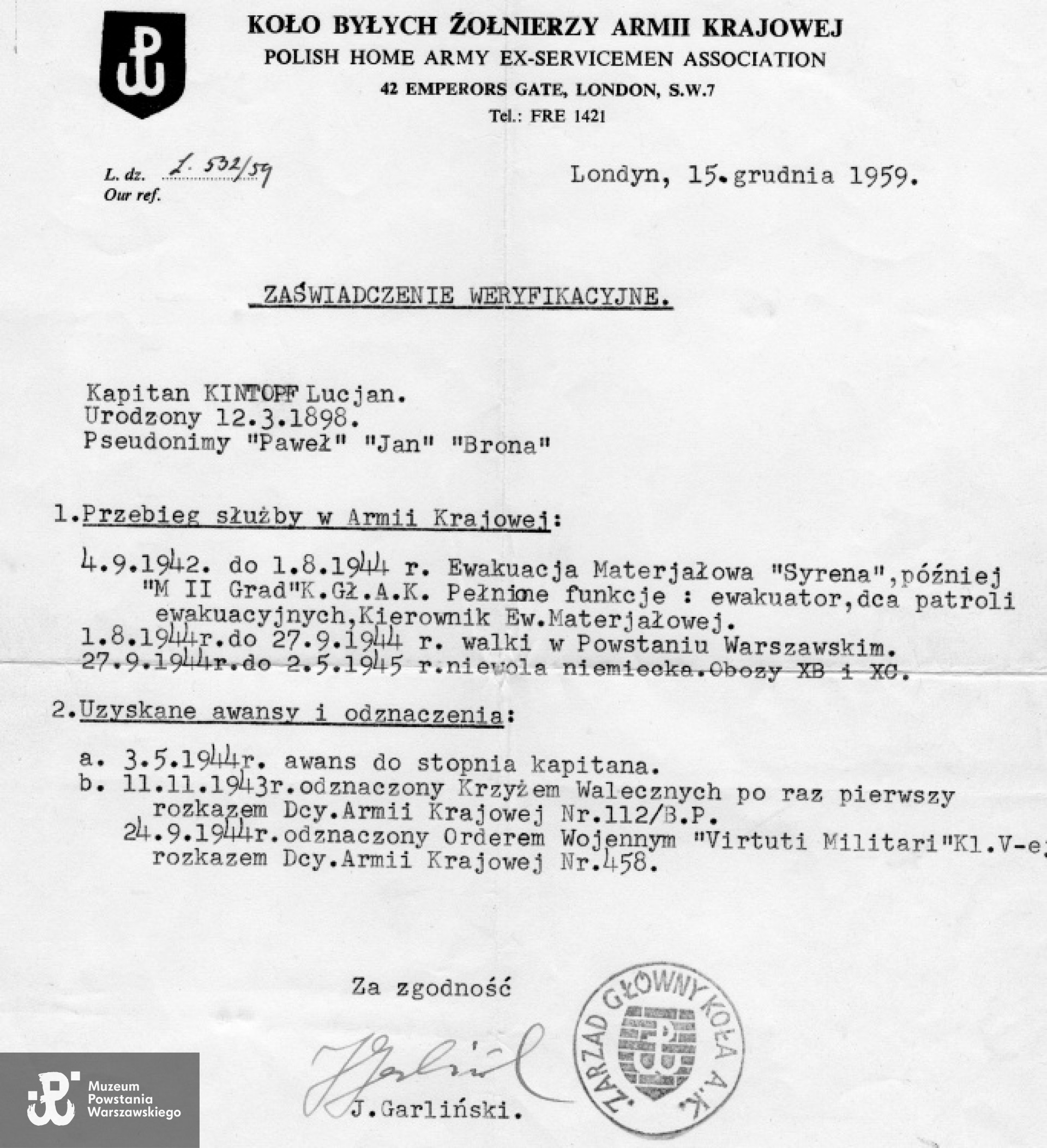 Ze zbiorów rodzinnych, skan udostępnił p. Piotr Kintopf, syn Powstańca (2012)