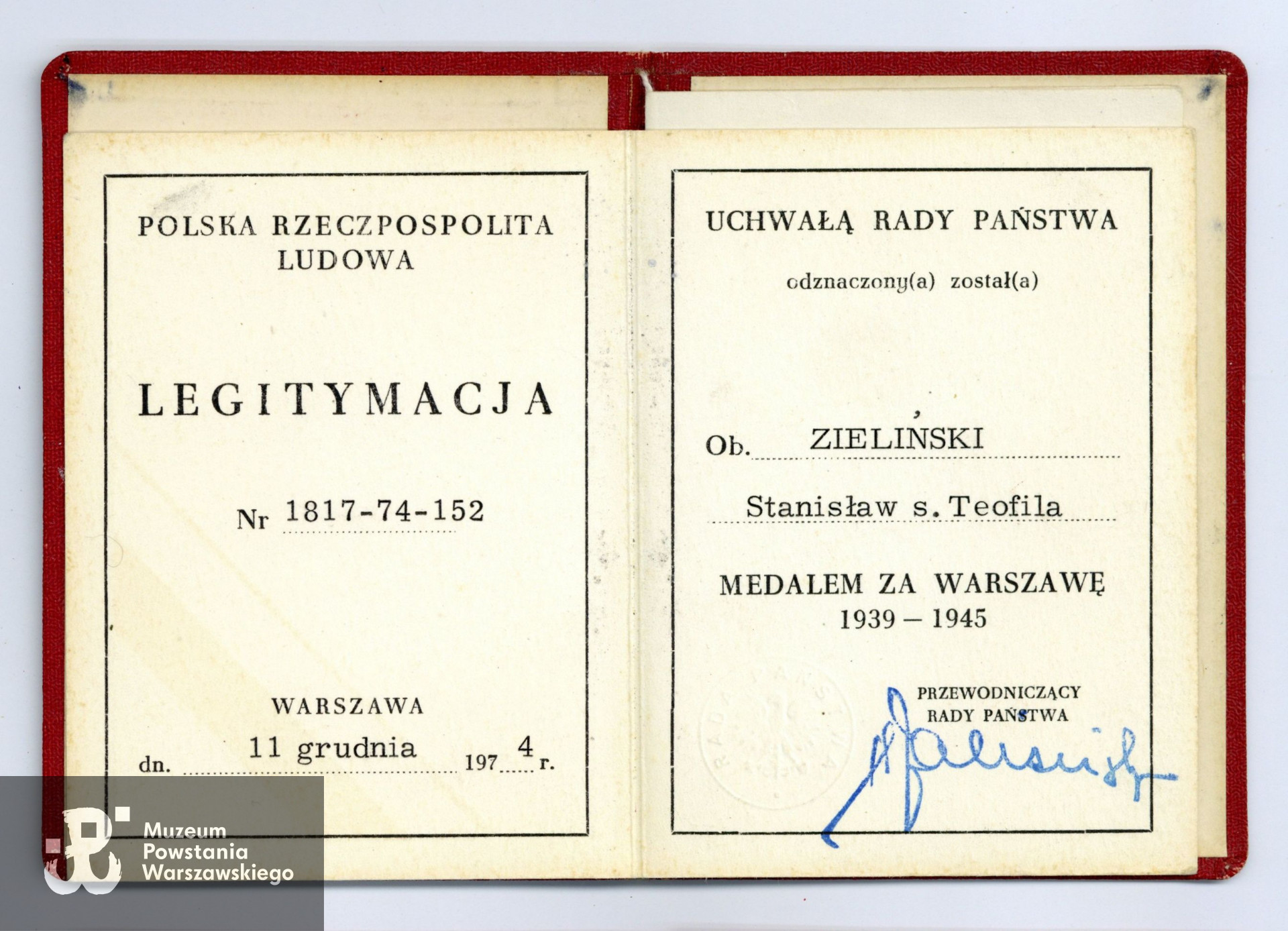 Legitymacja odznaczeniowa - Medal za Warszawę 1939 -1945. Z archiwum rodzinnego p. Waldemara Zielińskiego