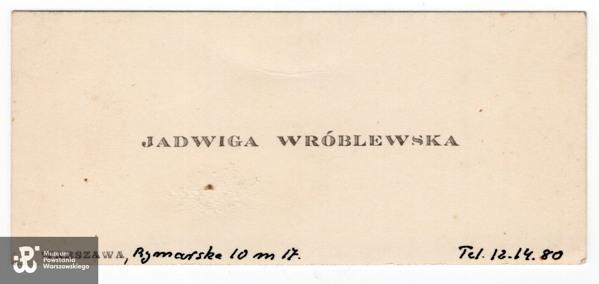 Wizytówka Jadwigi z lat wojny.  Ze zbiorów rodzinnych,  skany wykonano w Pokoju Kombatanta MPW, 2023