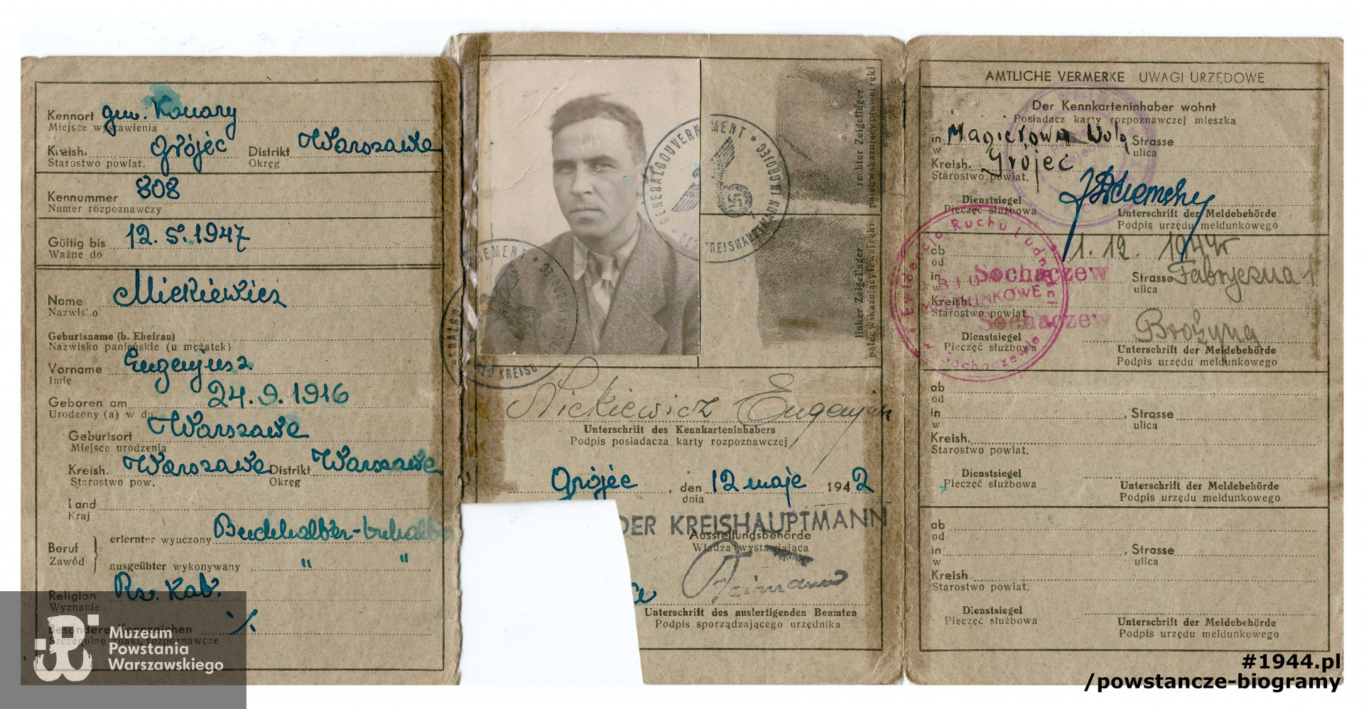 Kenkarta z okresu okupacji niemieckiej. Ze zbiorów Muzeum Powstania Warszawskiego, sygn. P/8933