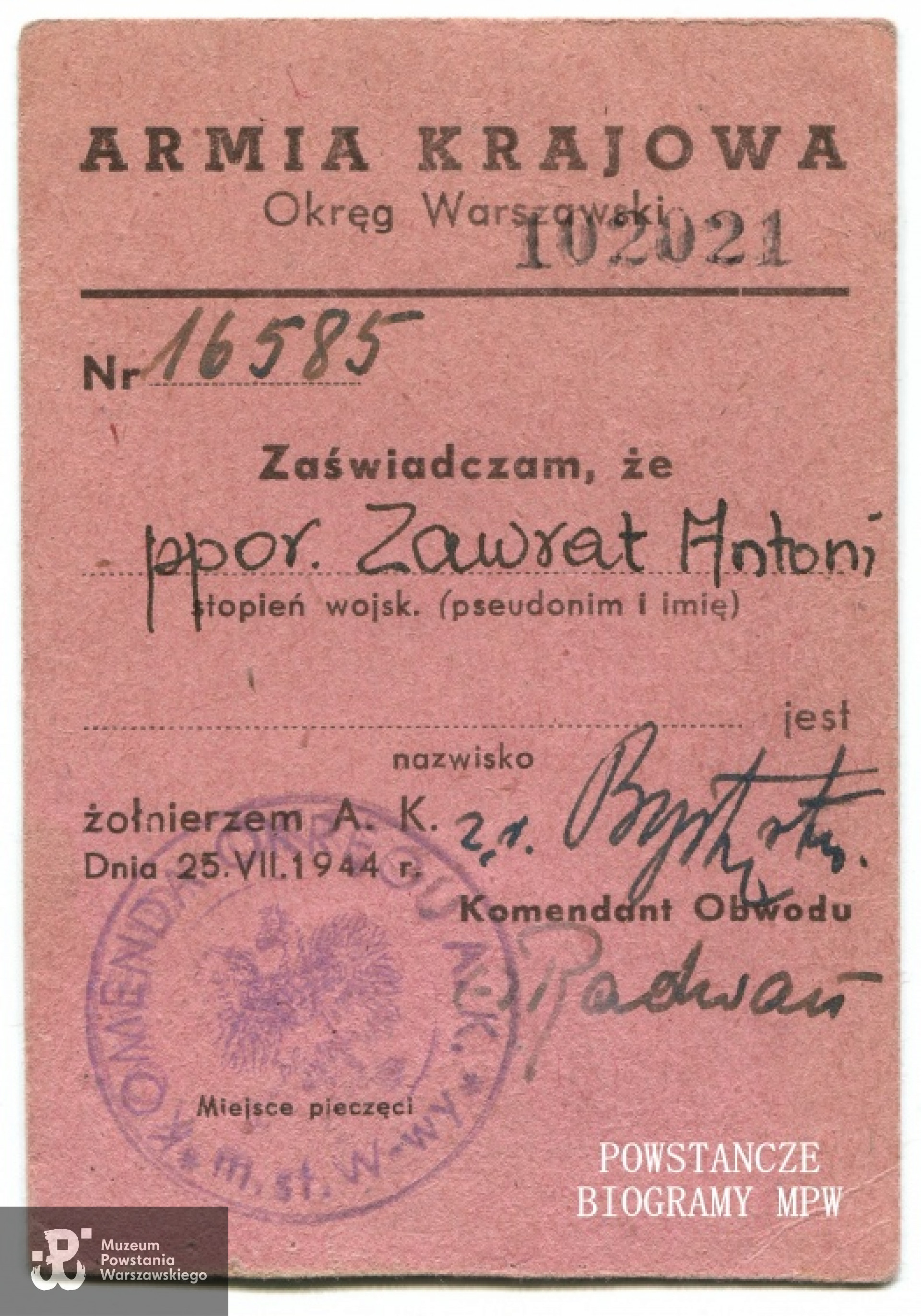 Legitymacja żołnierza Armii Krajowej. Fot. archiwum rodzinne