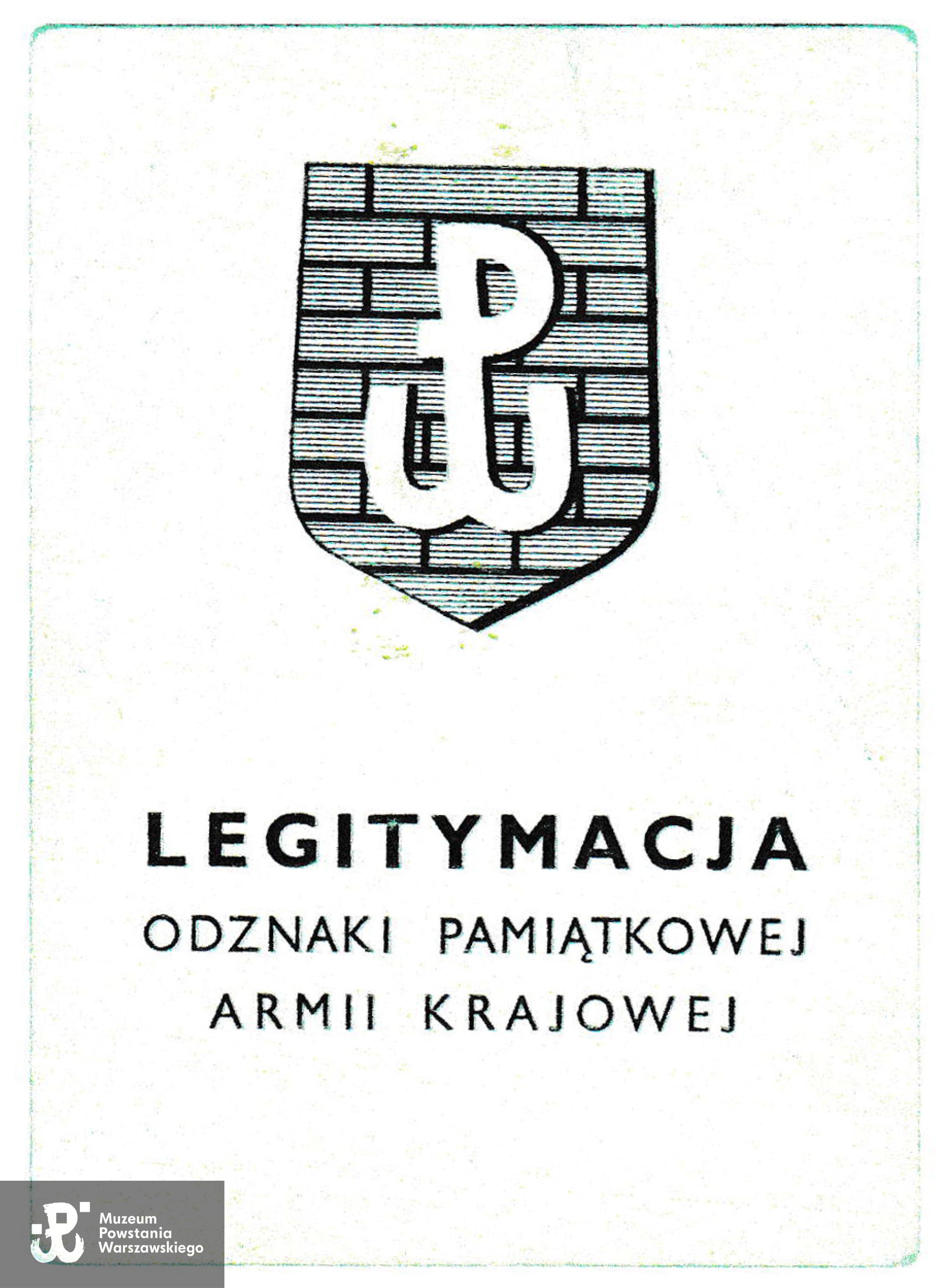 Legitymacja Odznaki Pamiątkowej AK, skan w imieniu Powstańca skan udostępniła p. Danuta Juszczakiewicz
