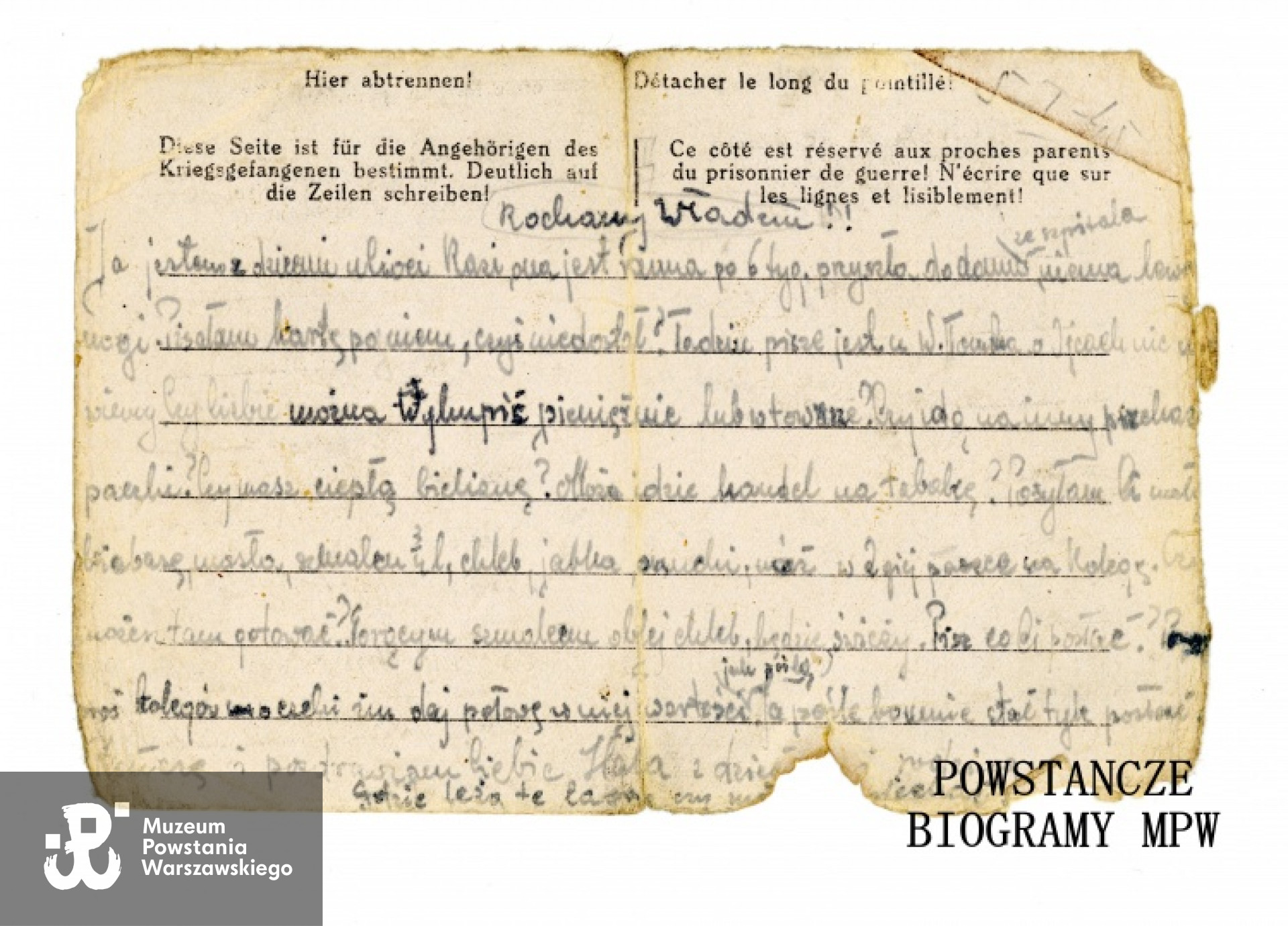 List do obozu jenieckiego na fałszywe nazwisko Władysława Malinowskiego (Włodzimierz Wiśniewski). Ze zbiorów Muzeum Powstania Warszawskiego, sygn. P/1183, dar Włodzimierza Wiśniewskiego "Szczerby"