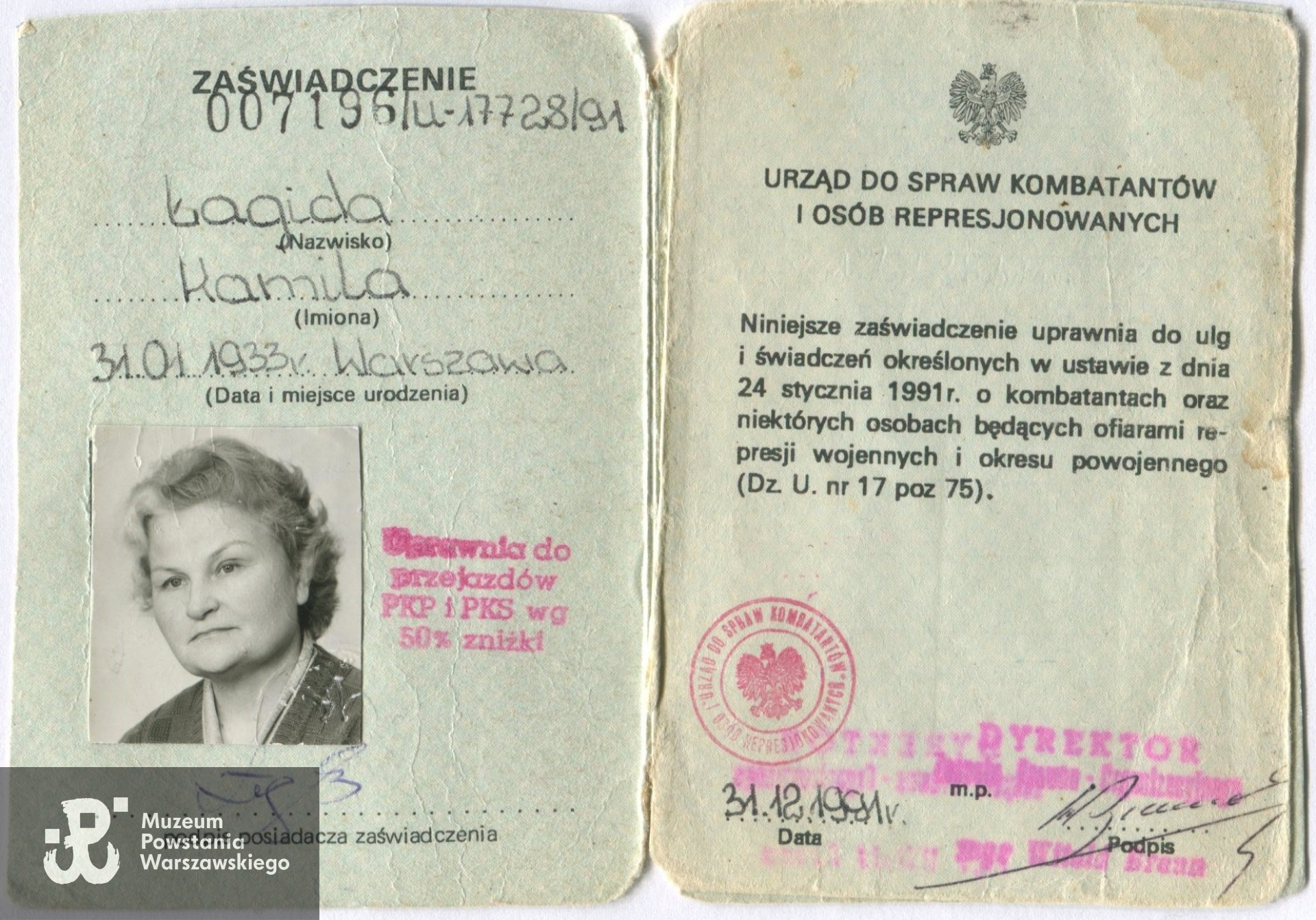 Muzeum Powstania Warszawskiego, Teczki personalne uczestników Powstania Warszawskiego: Łagida Kamila, zasób Pokoju Kombatanta MPW
