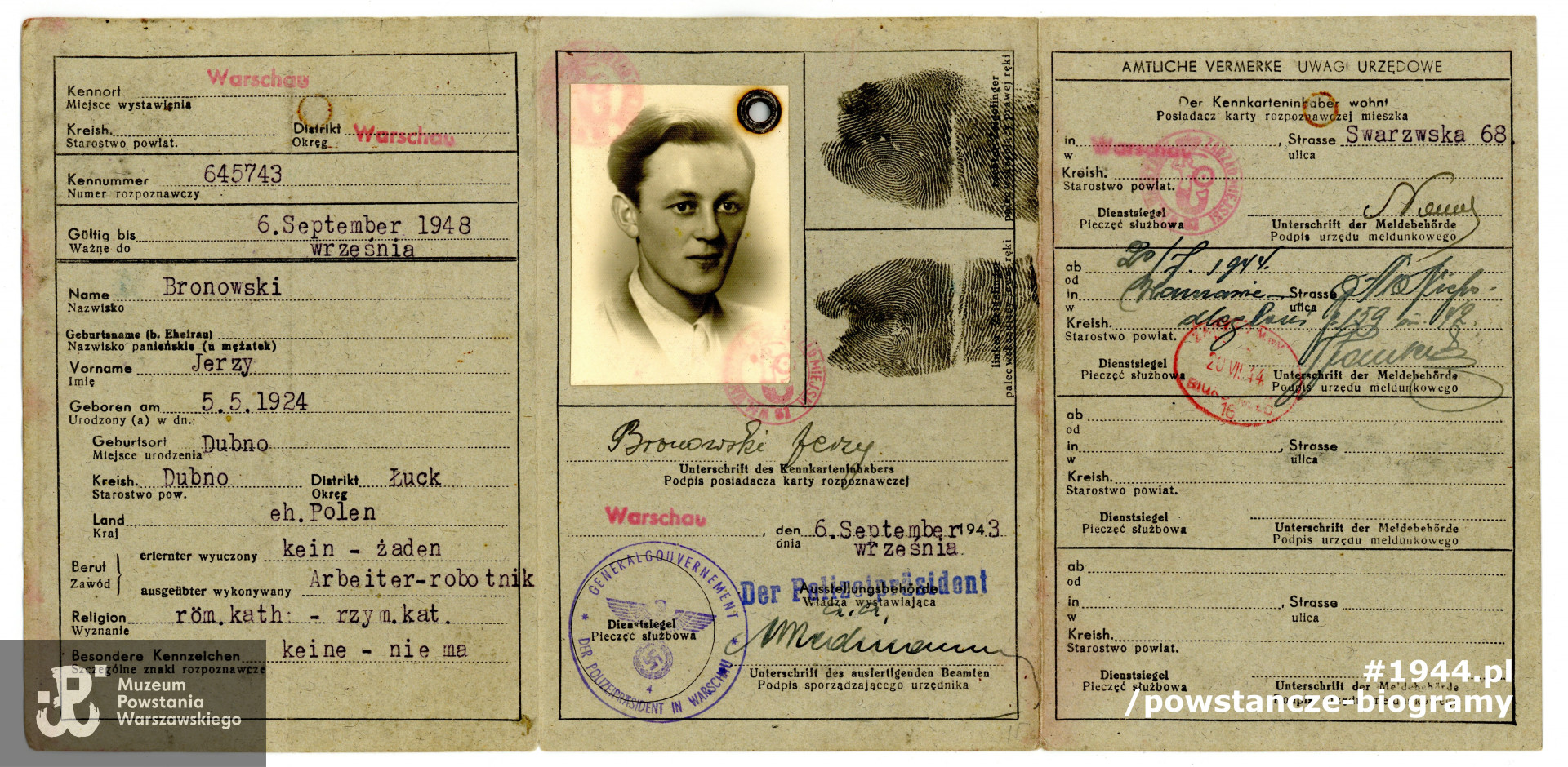 Karta rozpoznawcza (niem. kennkarte). Ze zbiorów Muzeum Powstania Warszawskiego, sygn. P/5426