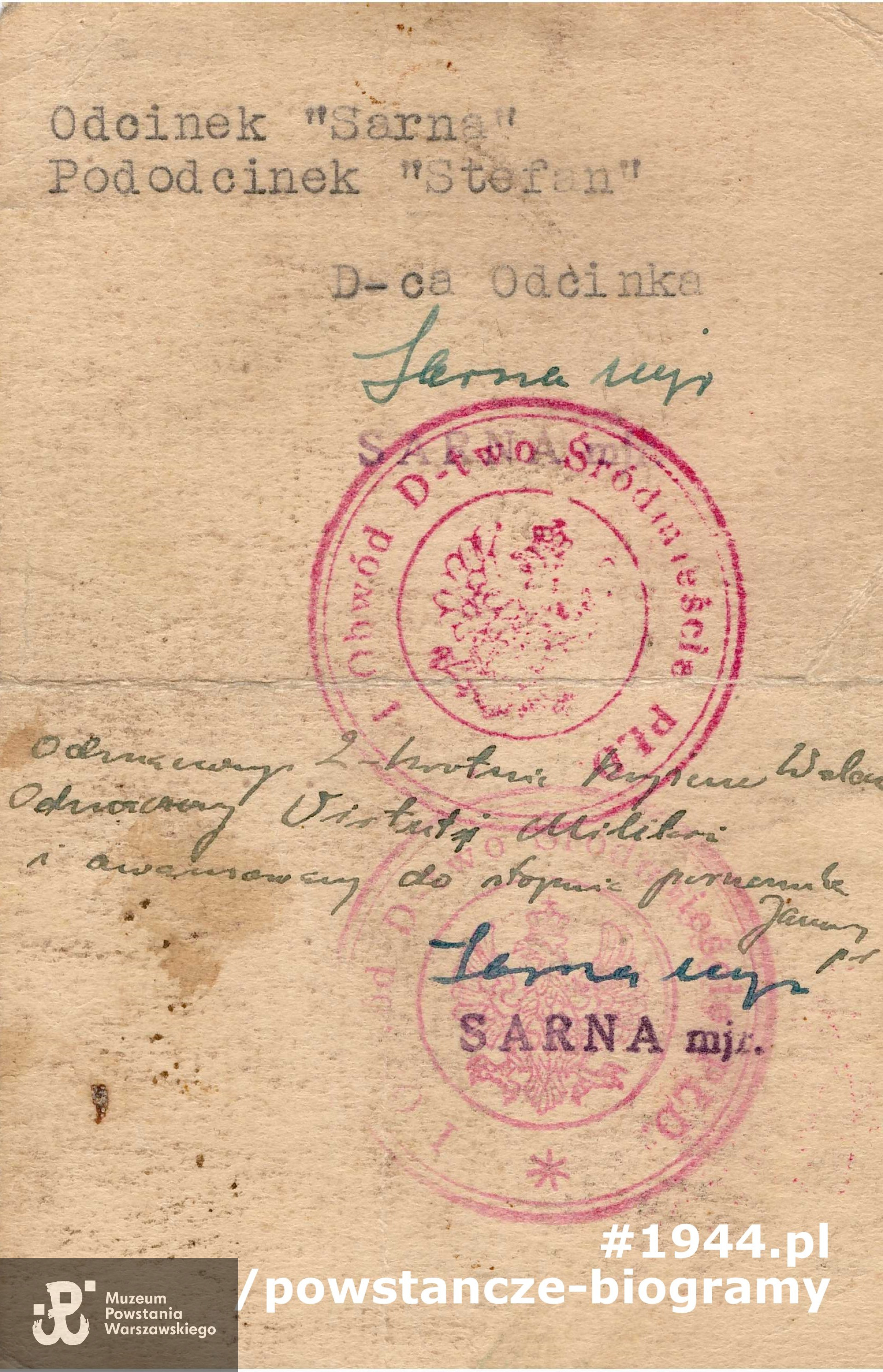 Legitymacja tymczasowa AK wystawiona dla por. "Ludwika" (Ludwik Śmigielski). Ze zbiorów Muzeum Powstania Warszawskiego, sygn. P/8685,  dar p.  Marii Teresy Szczawińskiej.