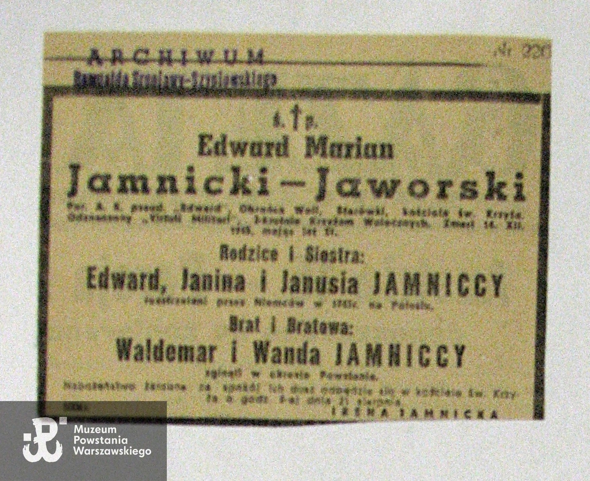 Nekrolog podpisany przez Irenę Jamnicką opublikowany w nr 226 "Gazety Ludowej" (z sierpnia 1946 r.) Źródło: archiwum rodzinne Zofii Jaskólskiej z d. Jamnickiej, kserokopia: Archiwum Romualda Śreniawy-Szypiowskiego. 