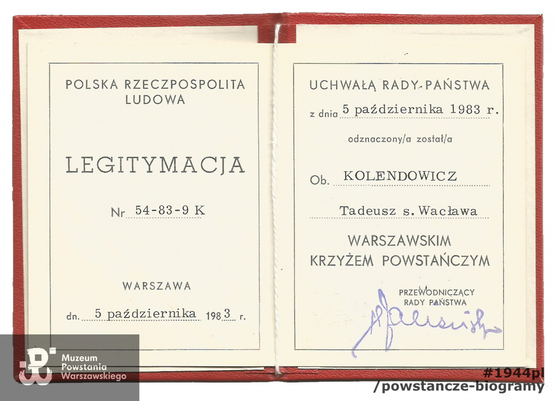 Legitymacja odznaczeniowa -  Warszawski Krzyż Powstańczy,  5.10.1983. Ze zbiorów rodzinnych p. Ewy Kolendowicz