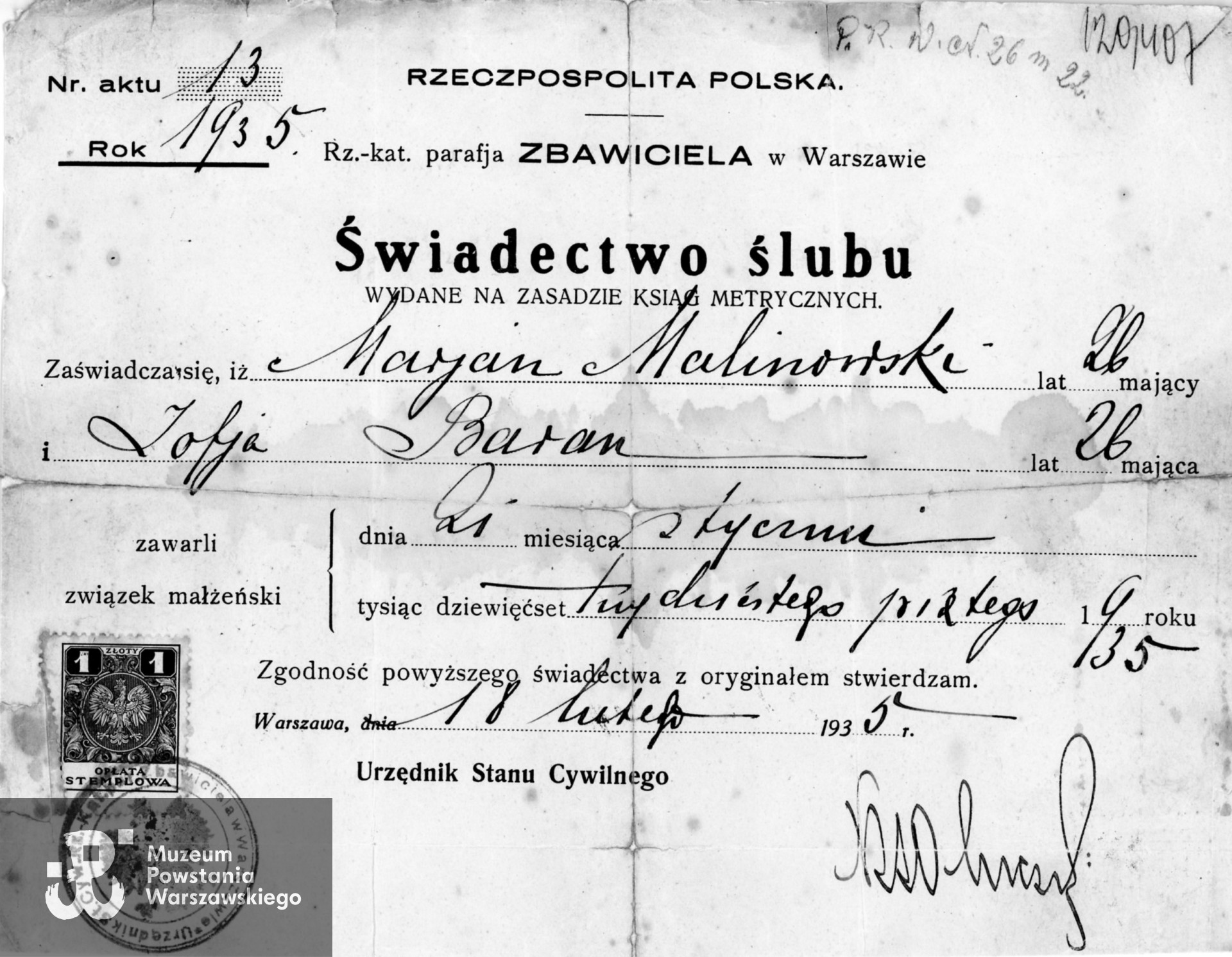 Świadectwo ślubu Mariana i Zofii  z domu Baran  z dnia 21 stycznia 1935 r. Z archiwum rodzinnego p. Mieczysława Malinowskiego