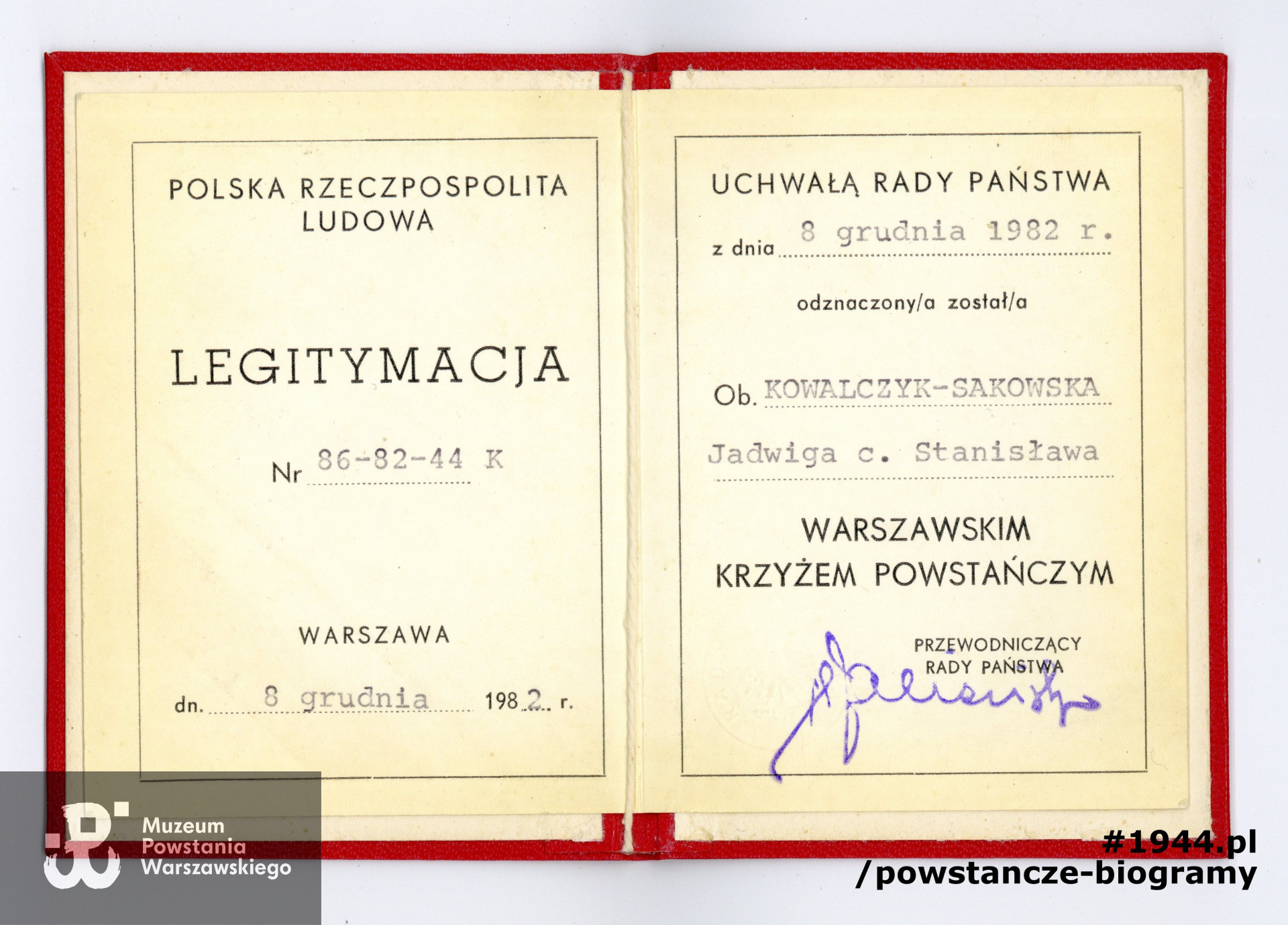 Legitymacja odznaczenia Warszawskim Krzyżem Powstańczym. Dokument z archiwum rodzinnego p. Feliksa Krzywickiego