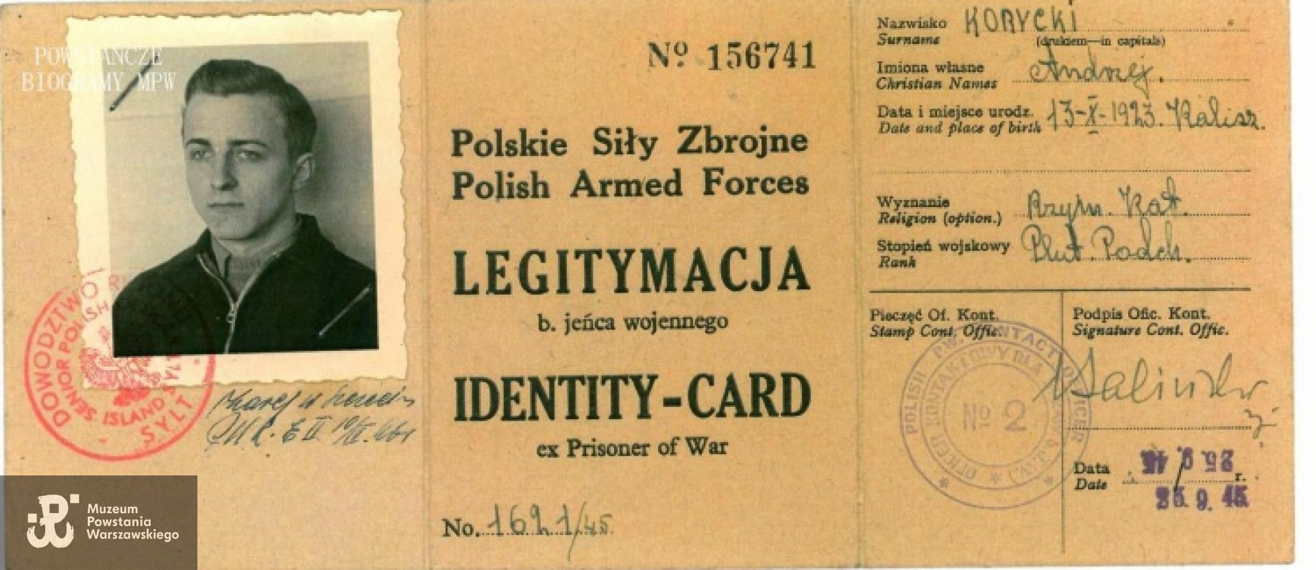 Legitymacja b. jeńca wojennego wydana przez PSZ. Fot. Piotr Korycki - archiwum rodzinne.