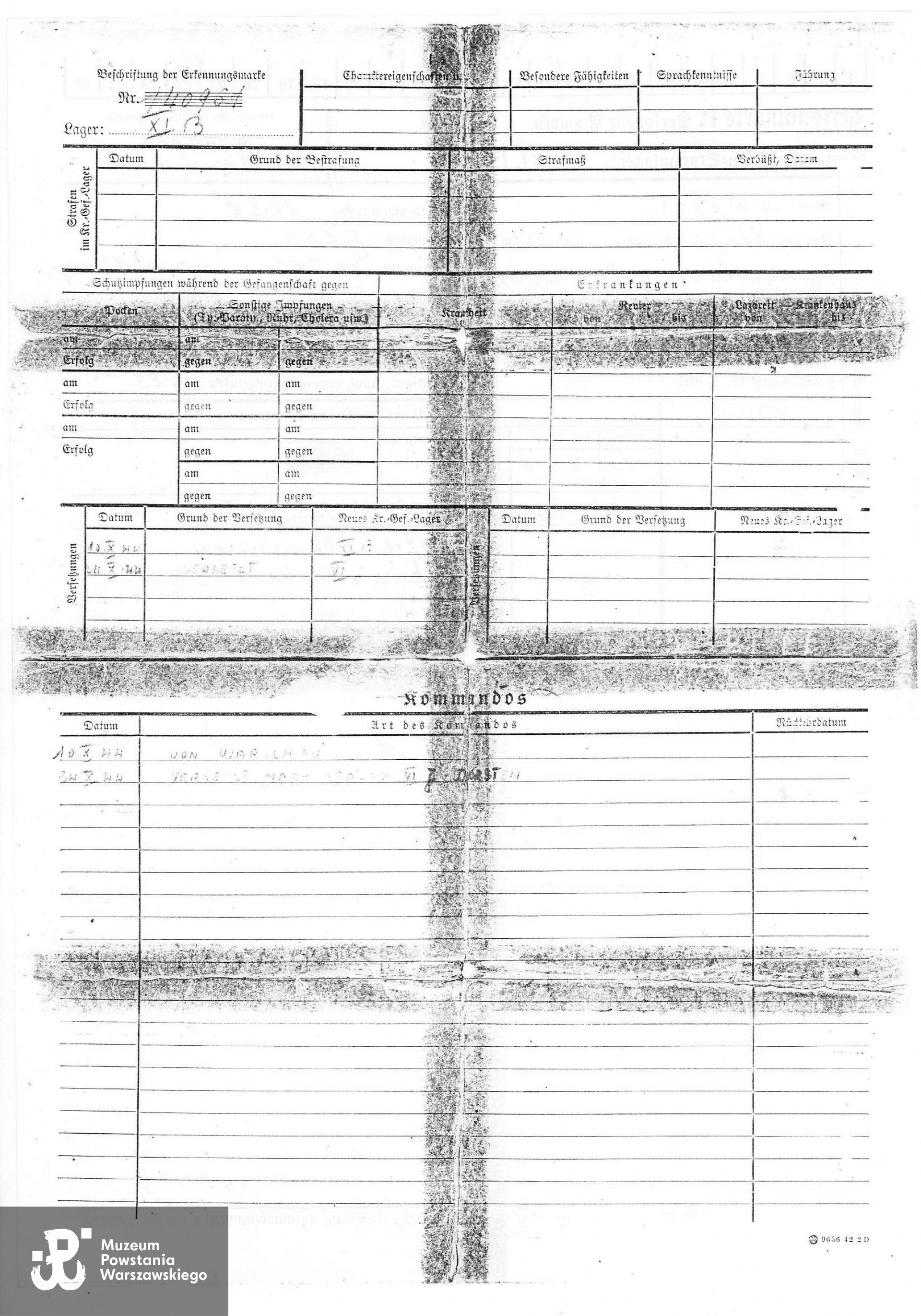Karta obozowa Aleksandra Dziedzica (Personalkarte). Skan z kserokopii, materiały do Słownika Uczestników Powstania Warszawskiego - Pokój Kombatanta MPW