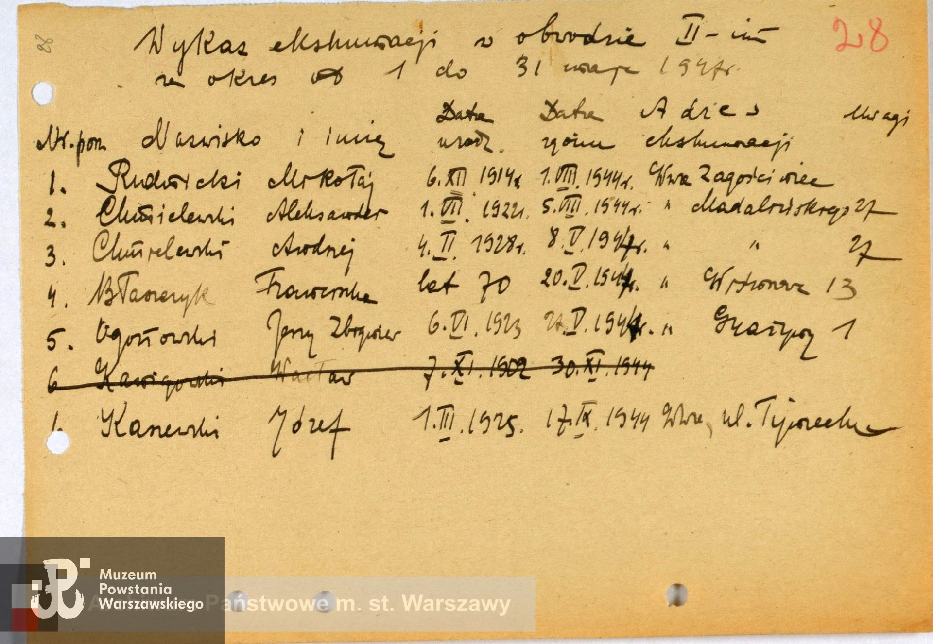 Archiwum Państwowe m. st. Warszawy - listy ekshumowanych z ruin Warszawy