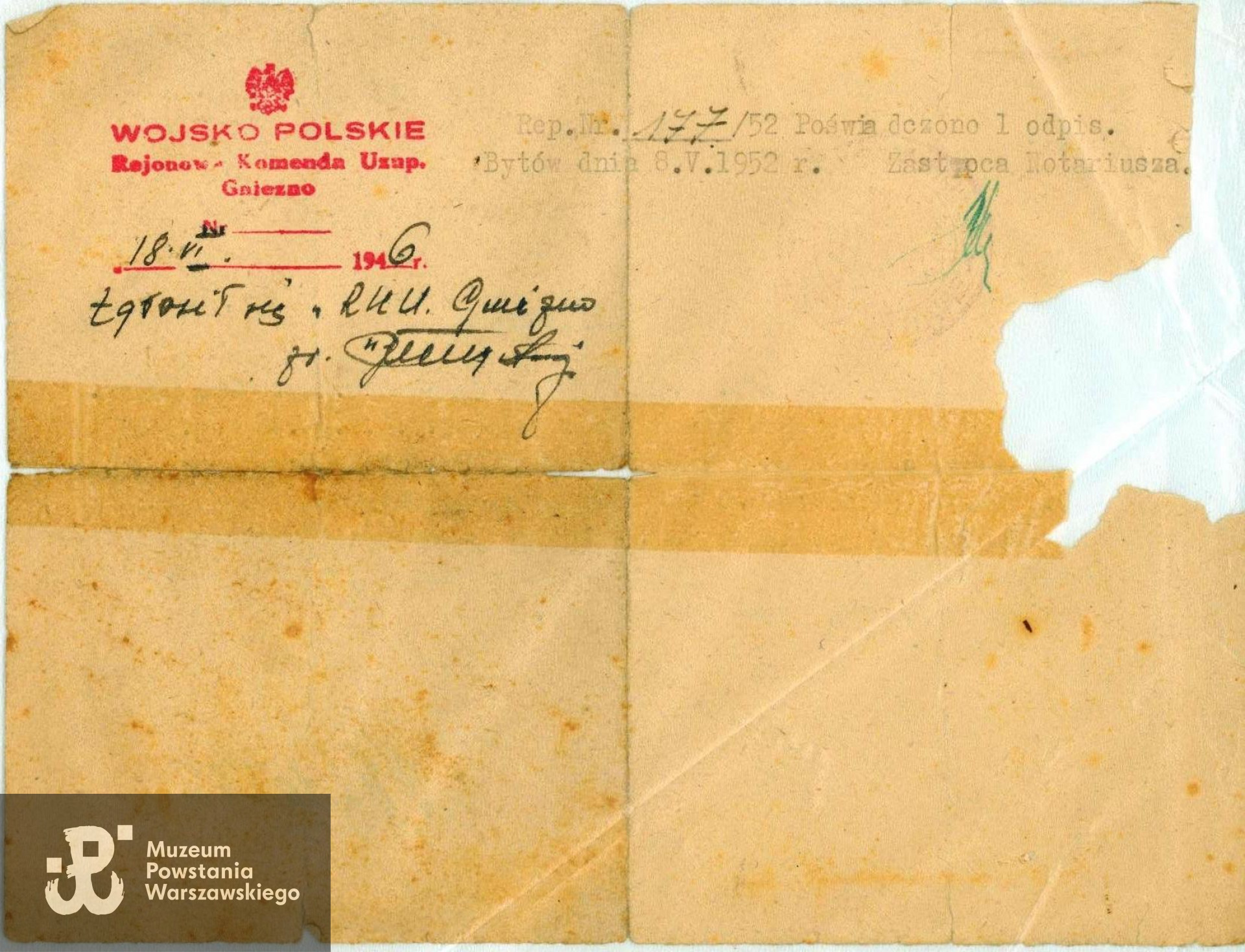 Pismo z dn. 31.05.1946 roku wystawione przez Starostę Powiatowego w Chełmie skierowane do sierż. z cenzusem Jerzego Góreckiego, będące zaświadczeniem/decyzją urzędową o powrocie Jerzego Hermanowskiego (posługującego się w czasie wojny nazwiskiem Górecki) do wcześniejszego nazwiska: "Jastrzębiec-Hermanowski". Ze zbiorów rodzinnych p. Ewy Mączewskiej z domu Jastrzębiec - Hermanowskiej.