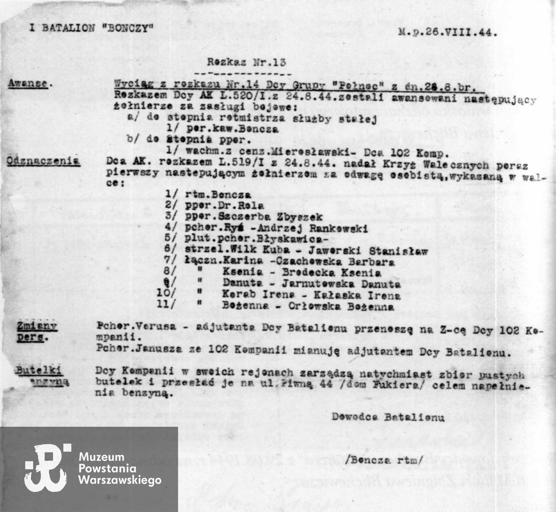 Rozkaz dzienny baonu "Bończa" z 26.VIII.1944 r. - Lista odznaczonych Krzyżem Walecznych, pozycja 8 - łączniczka "Ksenia" Brodecka
