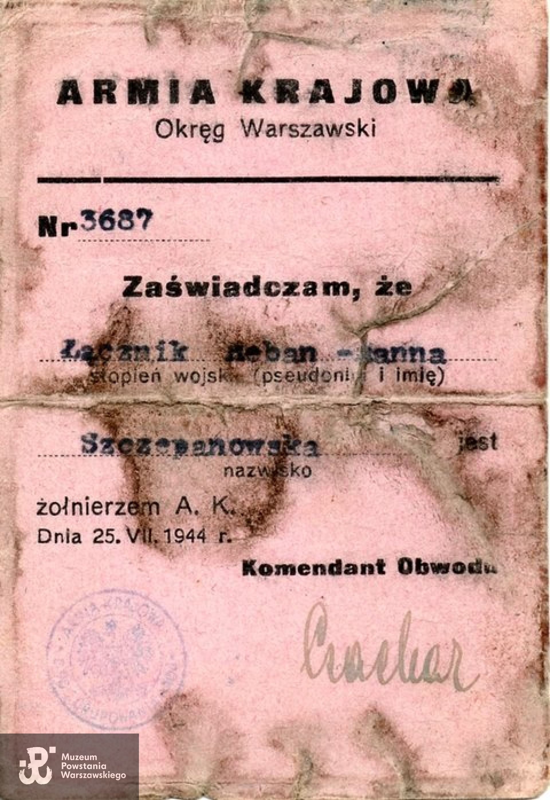 Legitymacja Armii Krajowej Nr 3687 należąca do Łączniczki "Heban" Hanny Szczepanowskiej. Fot. z archiwum rodzinnego druhny H. Szczepanowskiej, dzięki uprzejmości J. Wawszczyka.