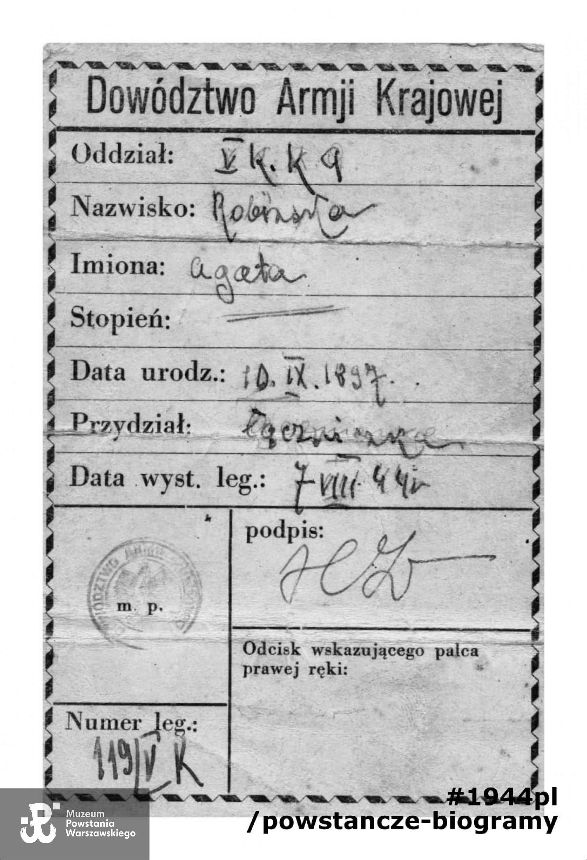 Należąca do Agaty Robińskiej legitymacja Armii Krajowej. Dokument datowany na 7 VIII 1944 r. Skan udostępniła p. p. Elżbieta Zajączkowska