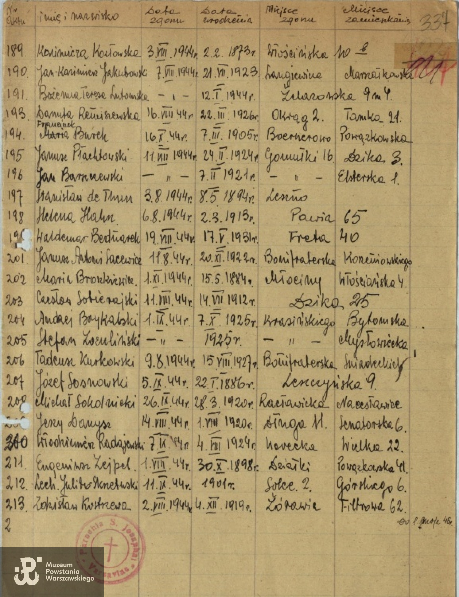 Lista ekshumacyjna ze zbiorów Archiwum Państwowego m. st.  Warszawy - poz. 193 : Danuta Remiszewska. Fot. AP w Warszawie.