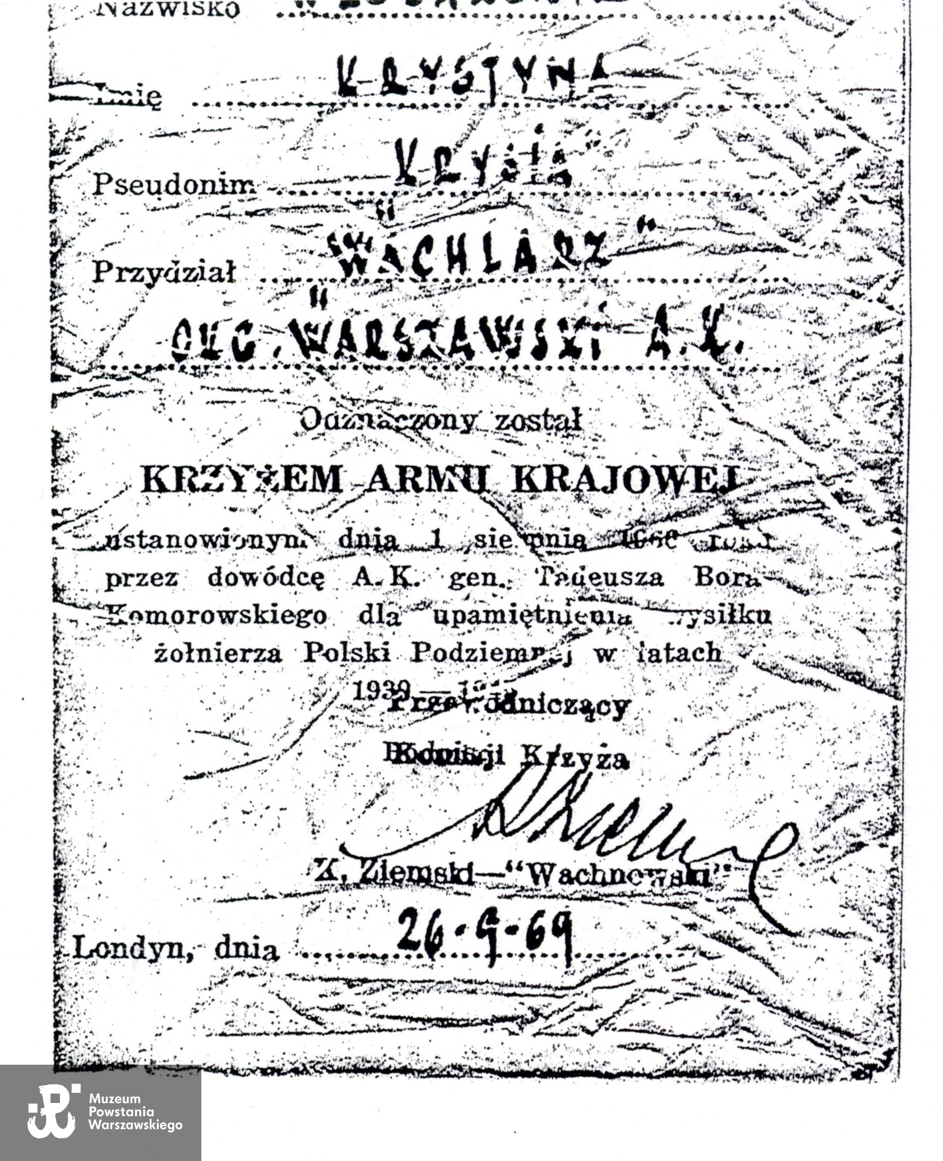 Muzeum Powstania Warszawskiego, Teczki personalne uczestników Powstania Warszawskiego: Dembska Krystyna Wanda