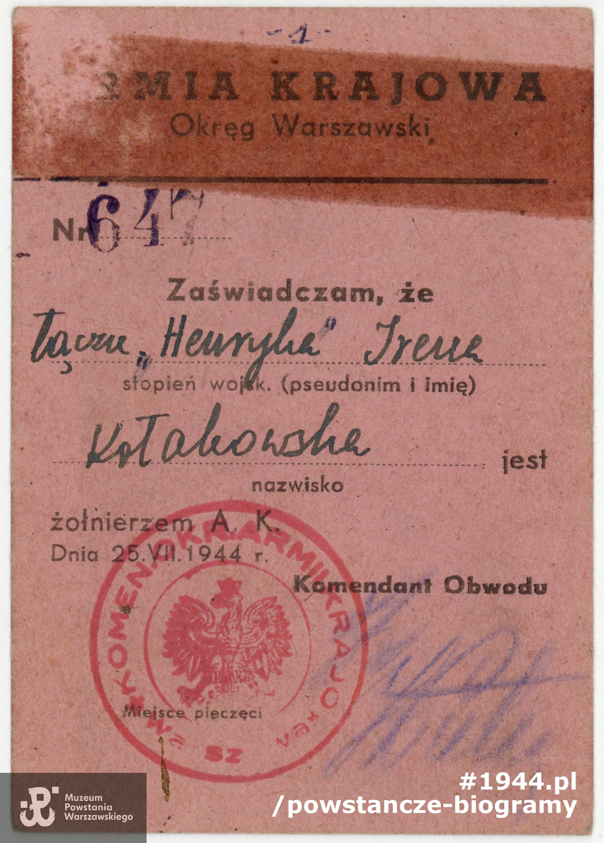 Należąca do Ireny Kołakowskiej po mężu Wiszniewskiej legitymacja Armii Krajowej. Z archiwum rodzinnego córki, p. Joanny Brejnak