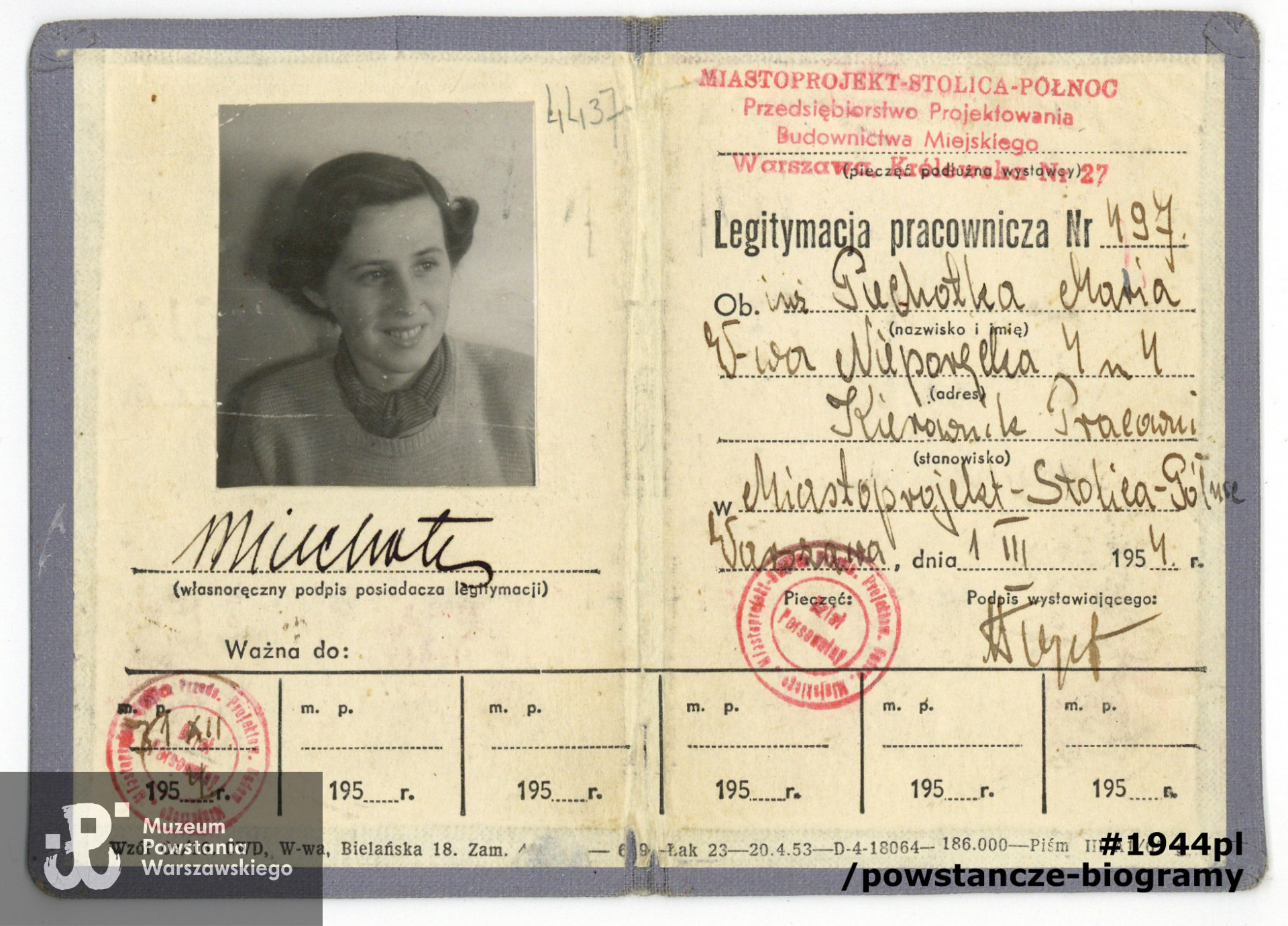 Legitymacja pracownicza Przedsiębiorstwa Projektowania Budownictwa Miejskiego "Miastoprojekt". Dokument ze zbiorów rodzinnych p. Marii Piechotki z domu  Huber