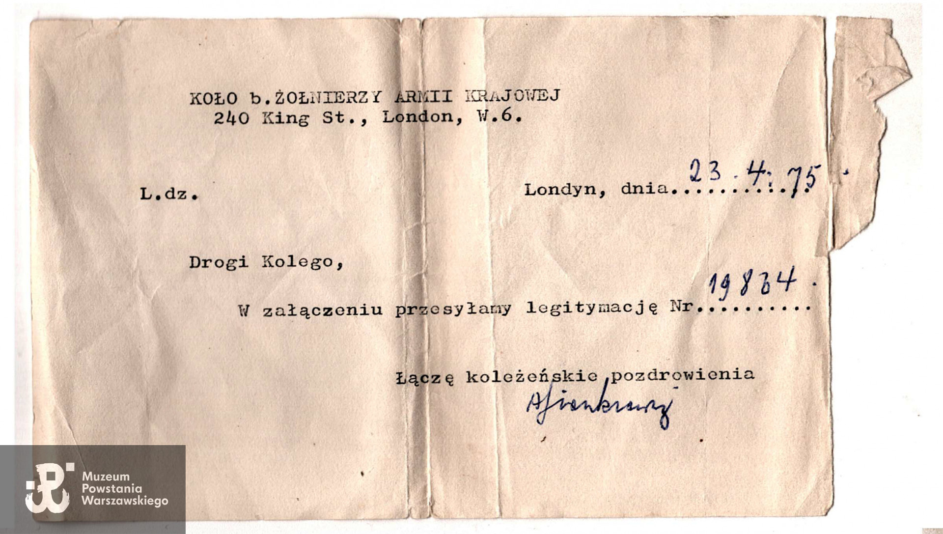 Zawiadomienie z Koła Byłych Żołnierzy AK w Londynie, datowane na 23 kwietnia 1975 o przesłaniu Wiesławowi Baranowskiemu legitymacji odznaczeniowej Medalu Wojska, nr dokumentu 19864. List ze zbiorów rodzinnych, skan udostępnił p. Sebastian Baranowski, wnuk Powstańca.