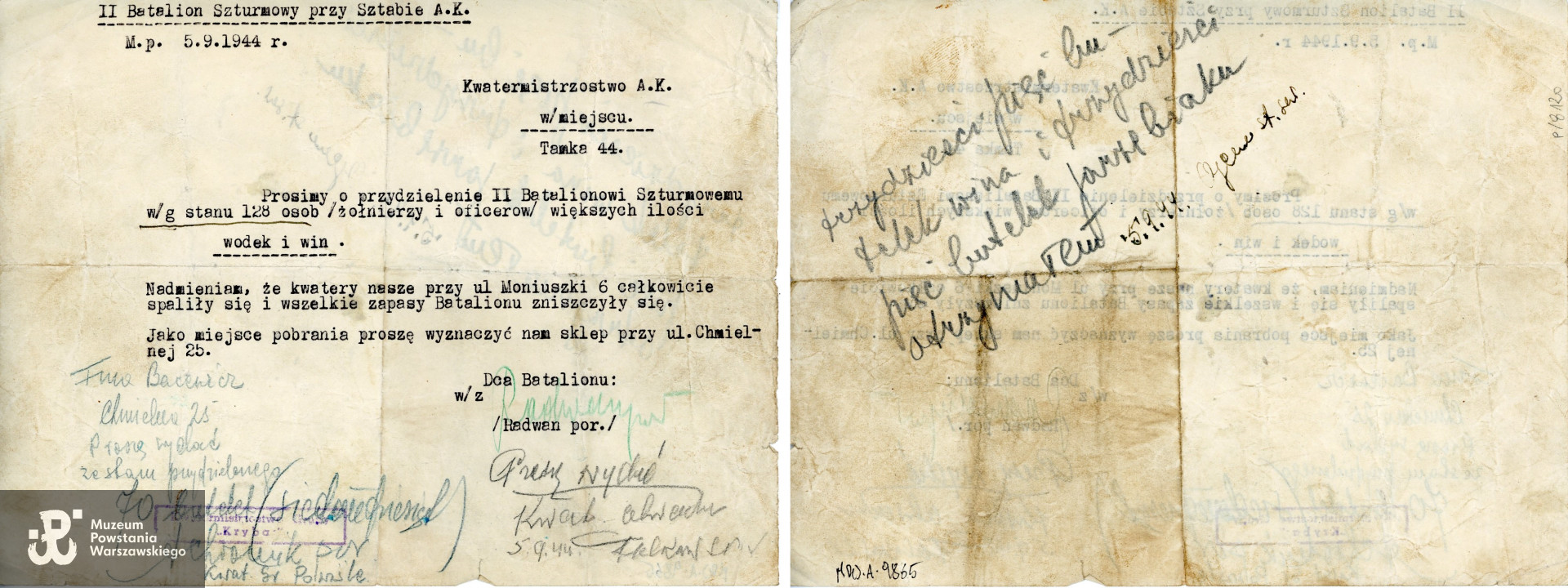 Dokument z dnia 5 września 1944 roku, podpisany przez dowódcę II Batalionu Szturmowego [Batalion Szturmowy KB „Jur-Radwan”], por. Tadeusza Suchockiego ps. "Radwan".  Zbiory Muzeum Powstania Warszawskiego; sygn. MPW-A-9865.