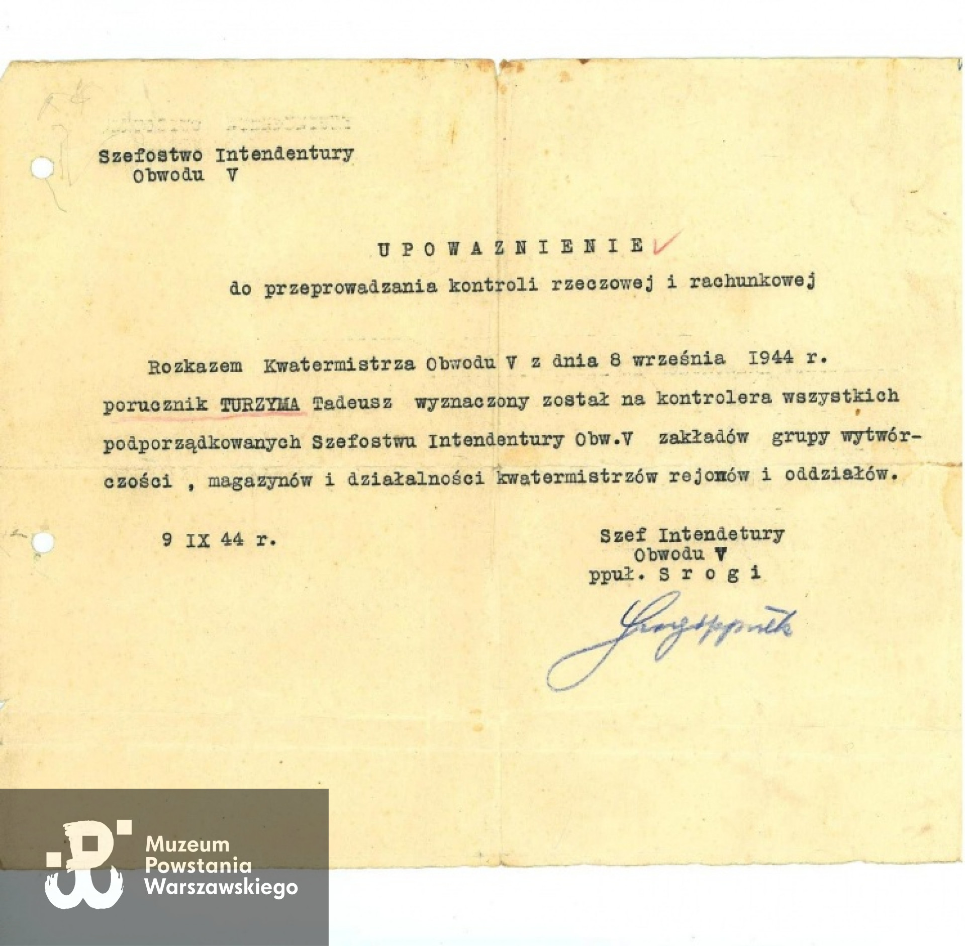Upoważnienie do przeprowadzenia  kontroli dla porucznika Tadeusza "Turzyma". Zdjęcie z archiwum rodzinnego Tadeusza Marcina Korulskiego / zbiory MPW