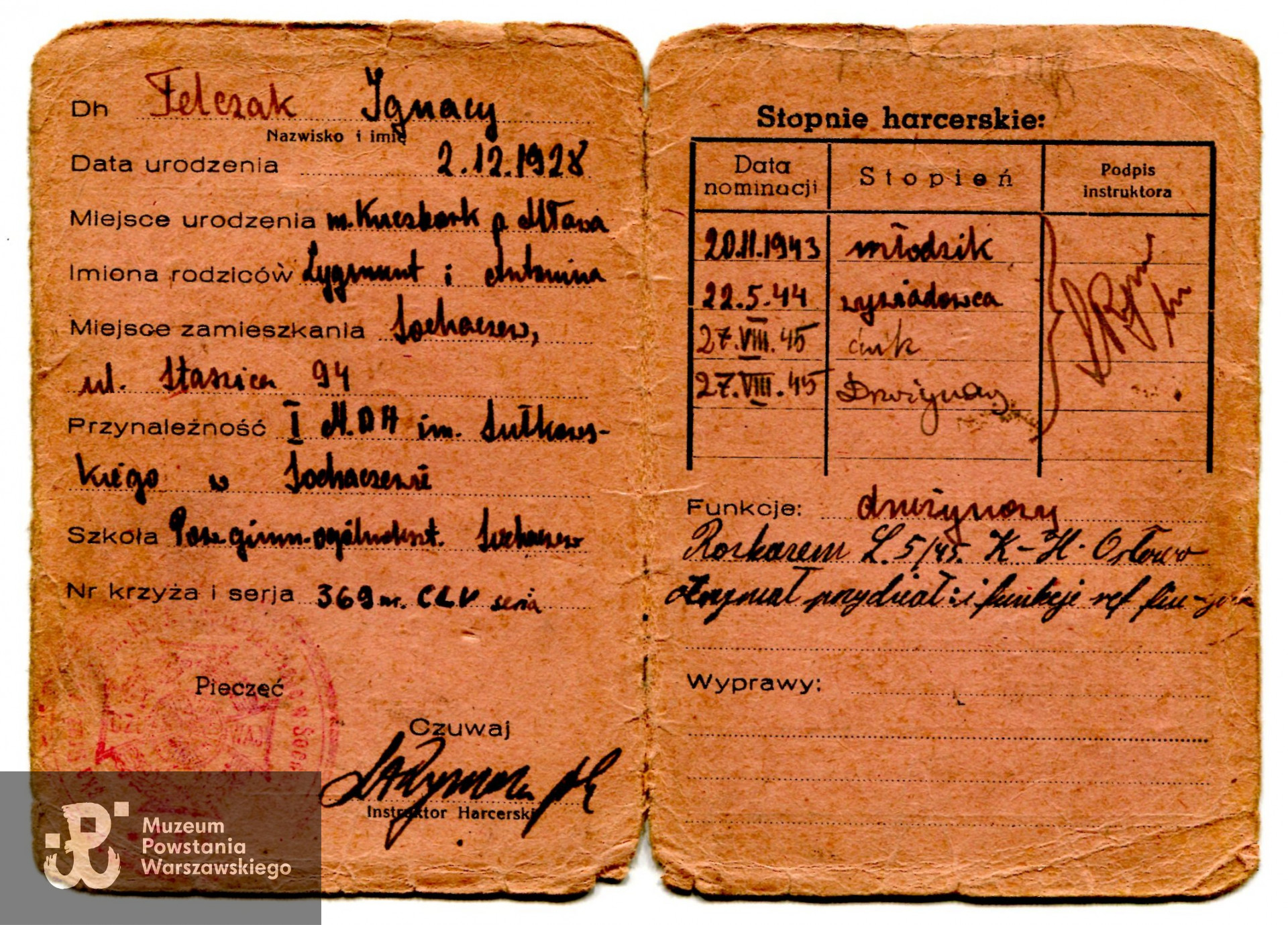 Należąca do Ignacego Felczaka tymczasowa legitymacja członkowska ZHP - 1945.  Zbiory prywatne p. Ignacego Felczaka.
