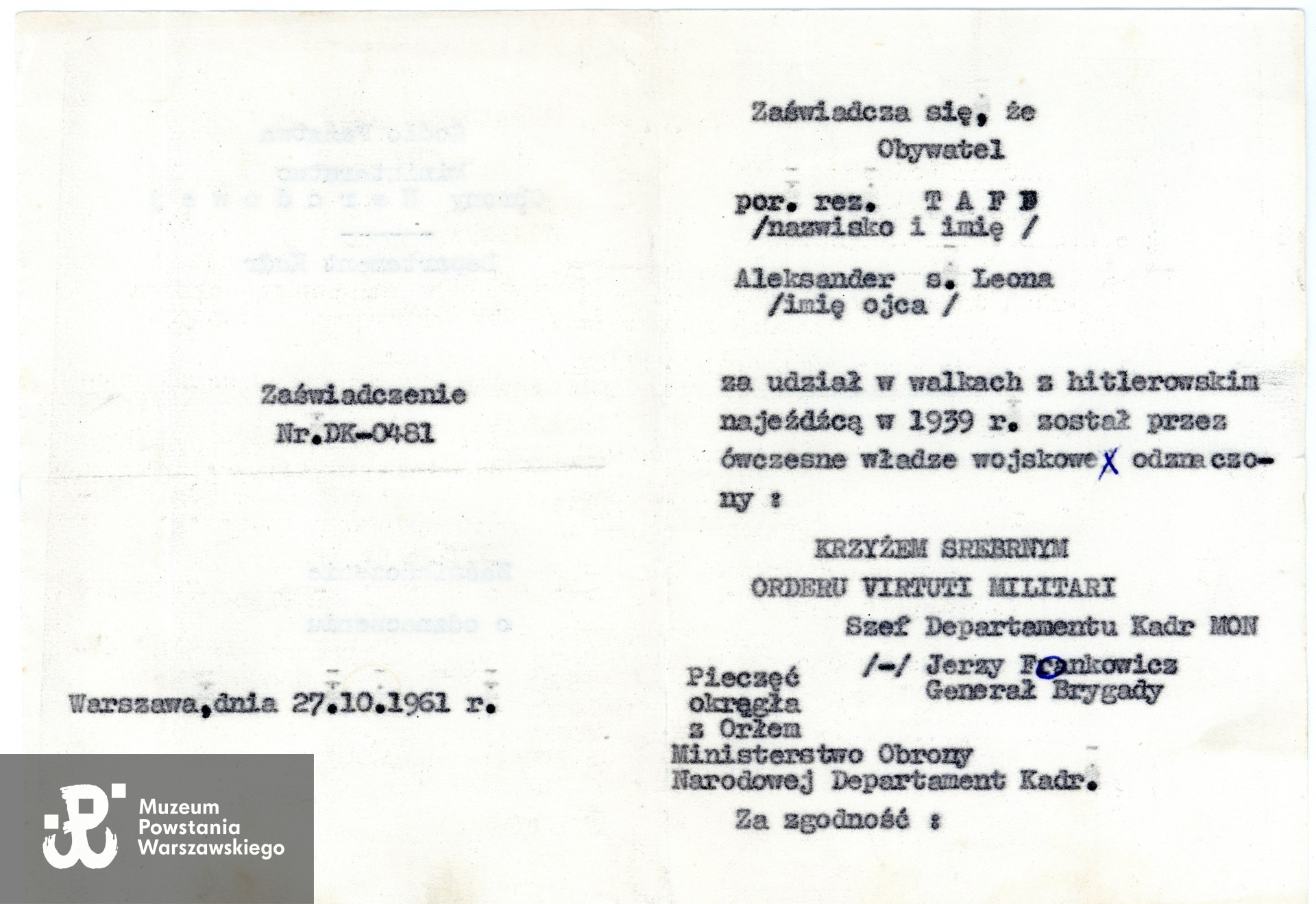 Ze zbiorów rodzinnych, udostępniła wnuczka Powstańca, p. Paulina Taff. Skany wykonano w Muzeum Powstania Warszawskiego, 06/2024
