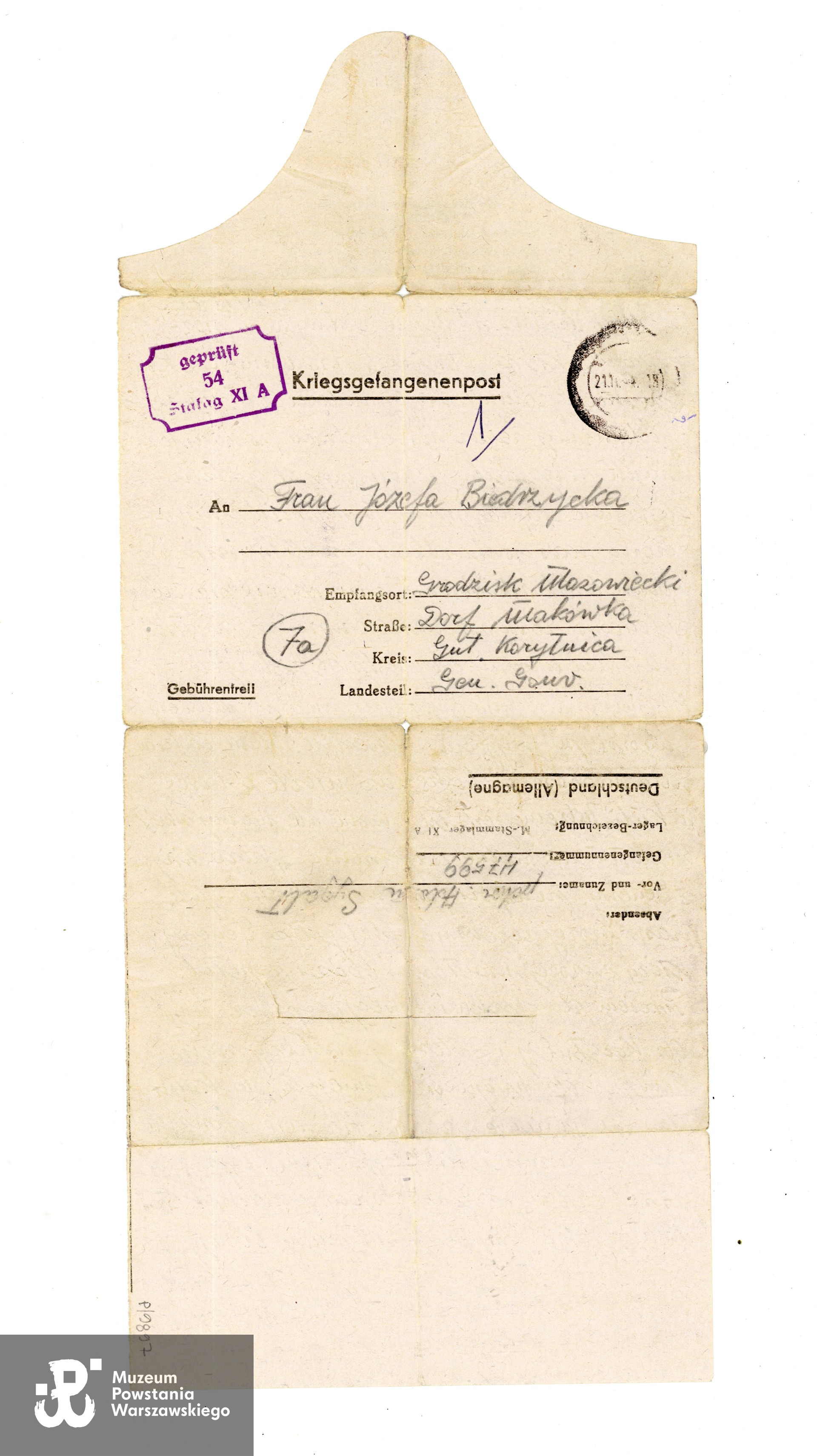 List z obozu jenieckiego Altengrabow (Stalag XIA) napisany przez Adama Jerzego Sygalta do rodziny. Ze zbiorów Muzeum Powstania Warszawskiego, sygn. P/9897, dar p. Ewy Sygalt-Synowieckiej i p. Mariusza Synowieckiego