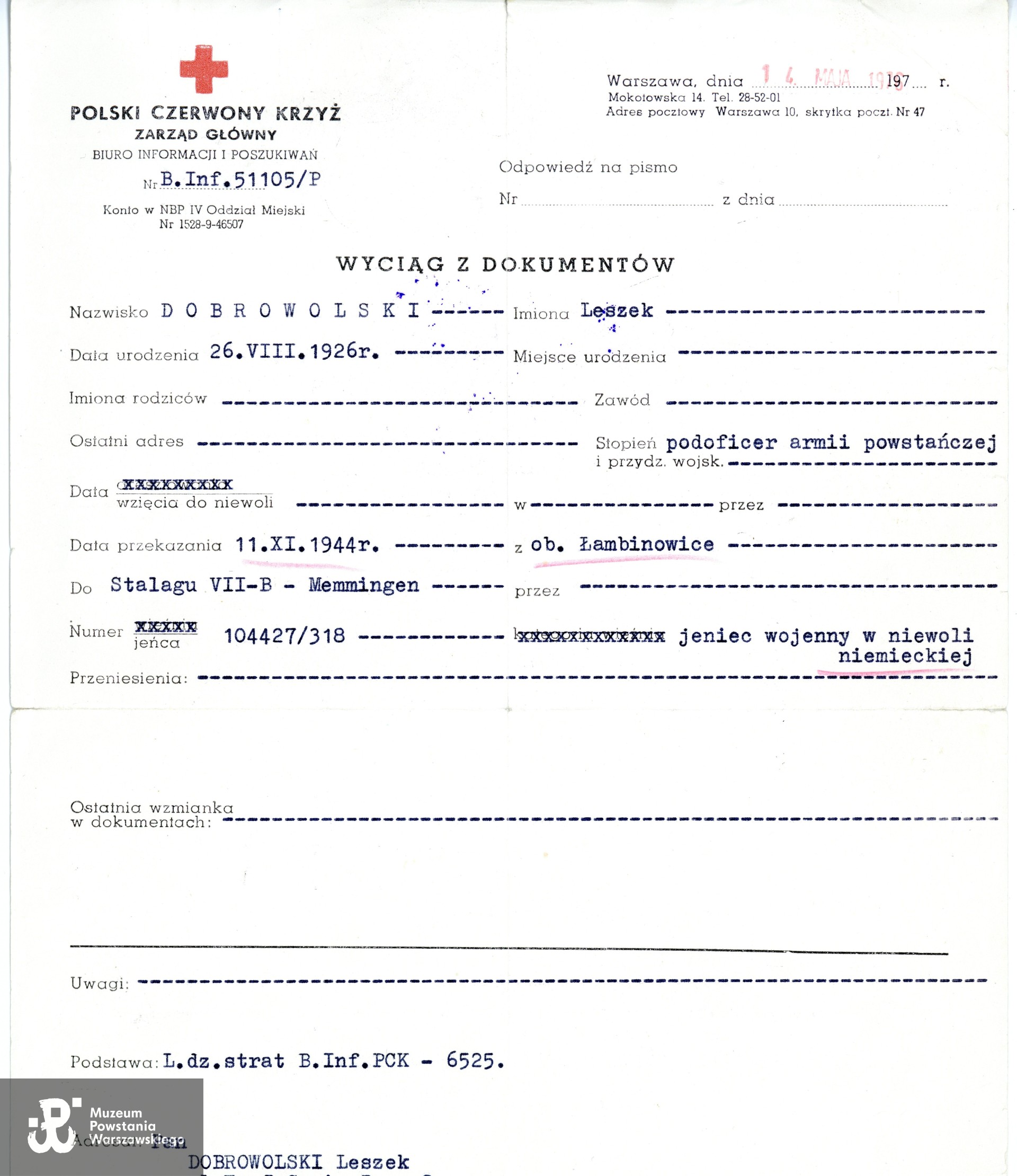 Wyciąg z akt PCK. Ze zbiorów rodzinnych p. Ireneusza Dobrowolskiego, syna Powstańca