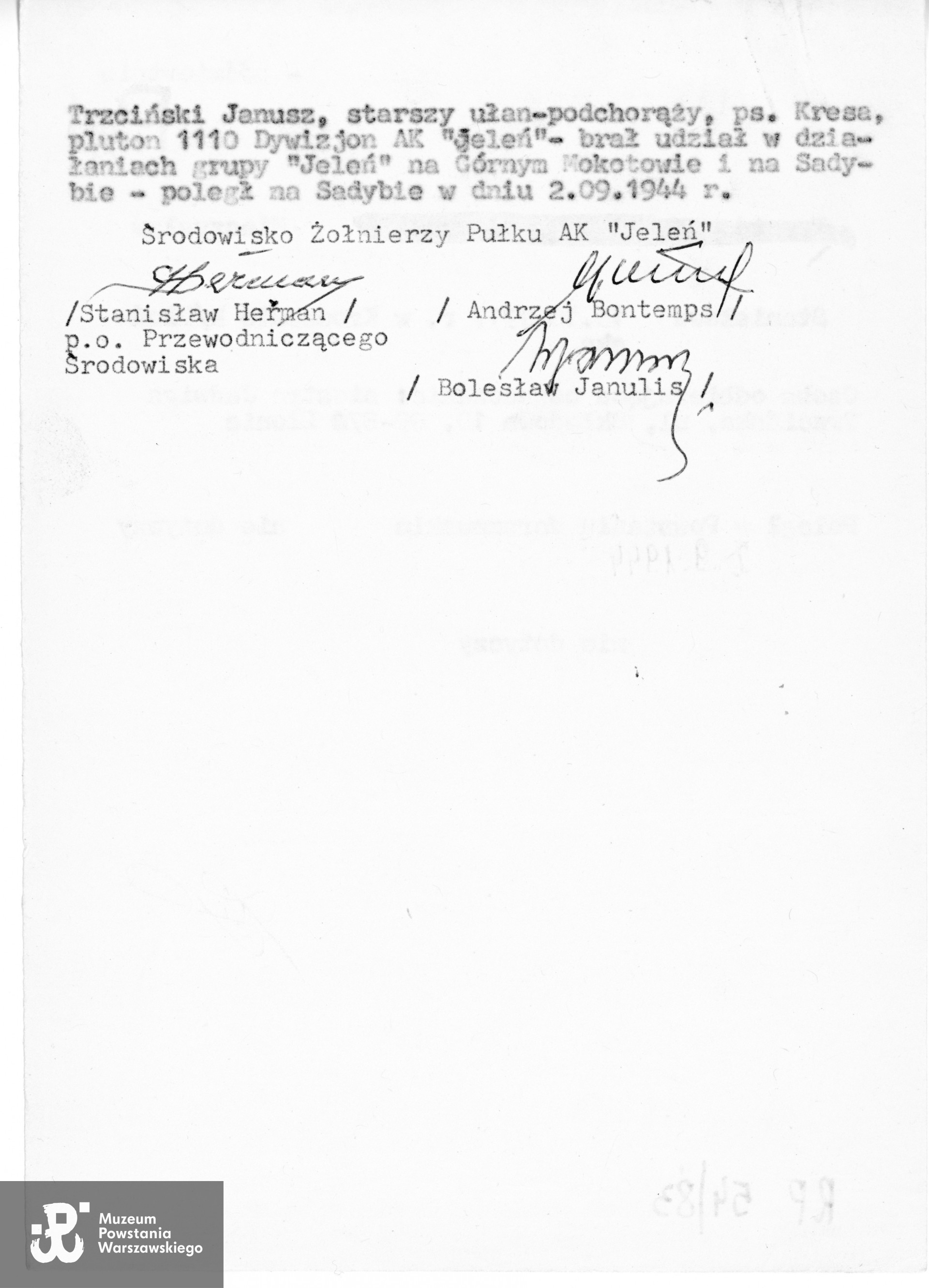 Muzeum Powstania Warszawskiego, Teczki personalne uczestników PW: Trzciński Janusz „Kresa", zbiory Pokoju Kombatanta MPW