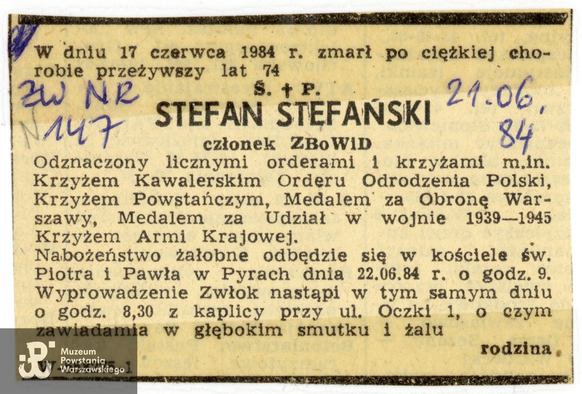Nekrolog zamieszczony w "Życiu Warszawy" 21.06.1984 r. 