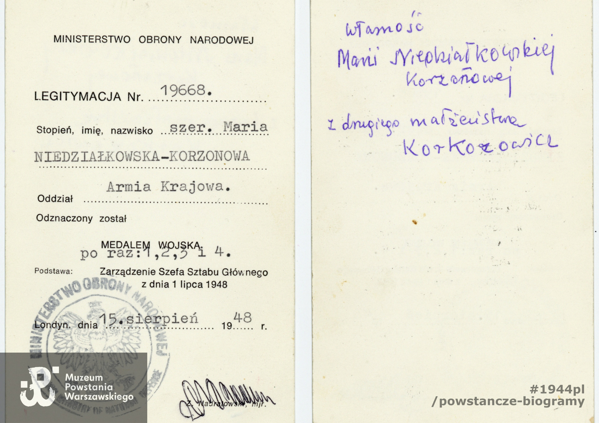 Legitymacja odznaczeniowa - Medal Wojska. Ze zbiorów rodzinnych