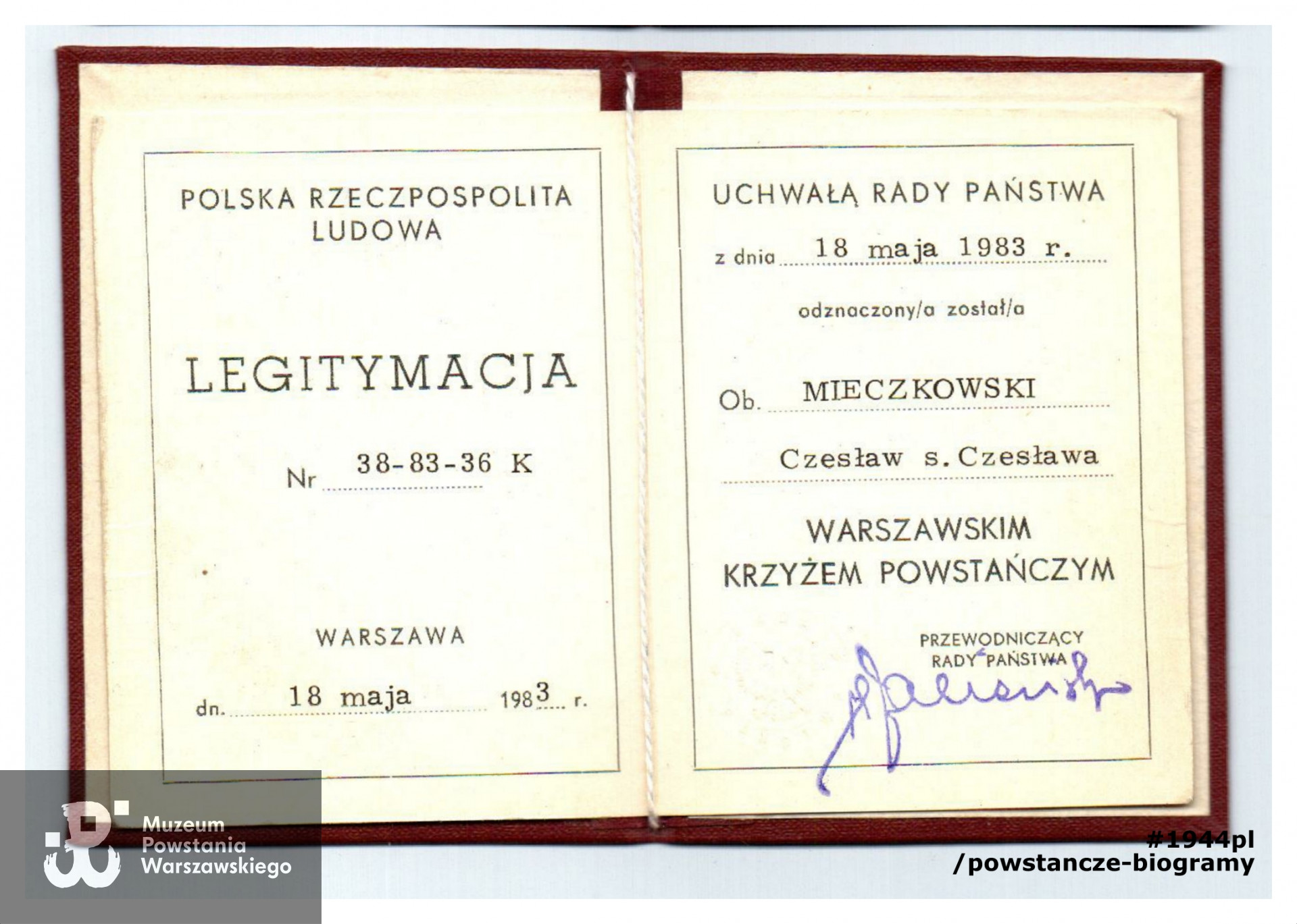 Warszawski Krzyż Powstańczy - legitymacja odznaczeniowa. Dokument ze zbiorów rodzinnych. Skany wykonano w Pokoju Kombatanta MPW, 2019 r. 