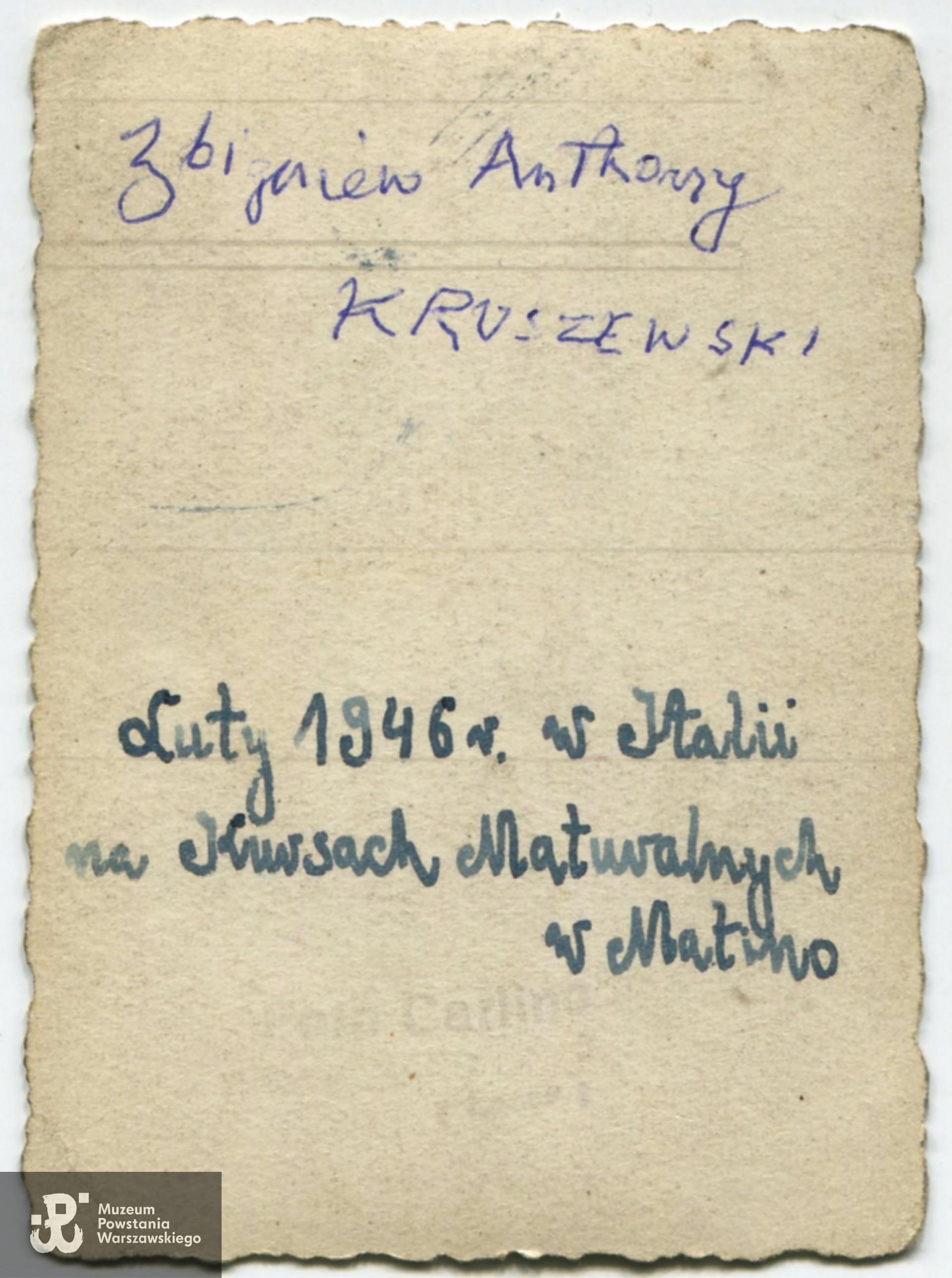 Fotografia wykonana we Włoszech w lutym 1946 roku - rewers z opisem.  Fot. z archiwum  prywatnego prof. Zbigniewa Kruszewskiego