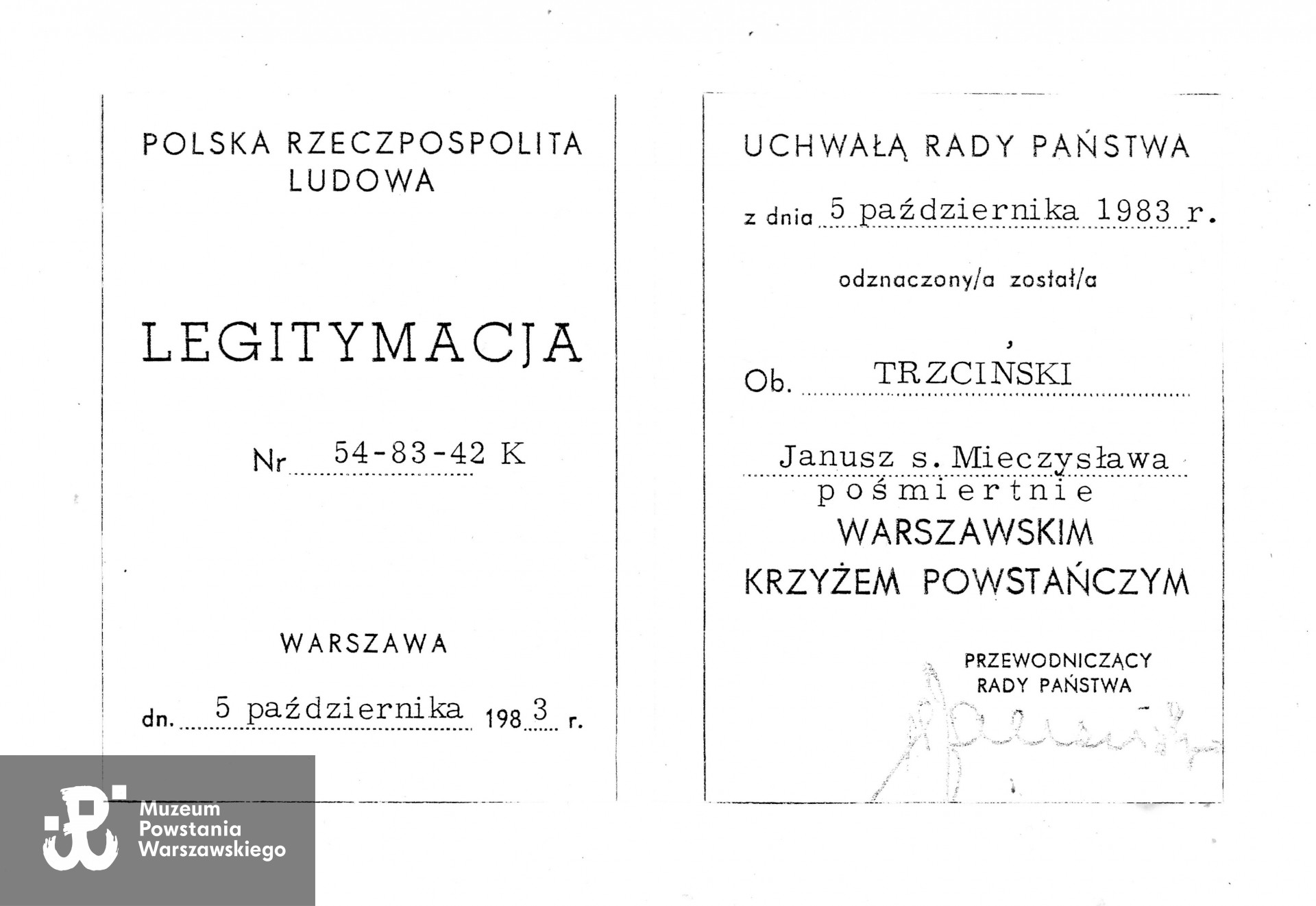 Muzeum Powstania Warszawskiego, Teczki personalne uczestników PW: Trzciński Janusz „Kresa", zbiory Pokoju Kombatanta MPW