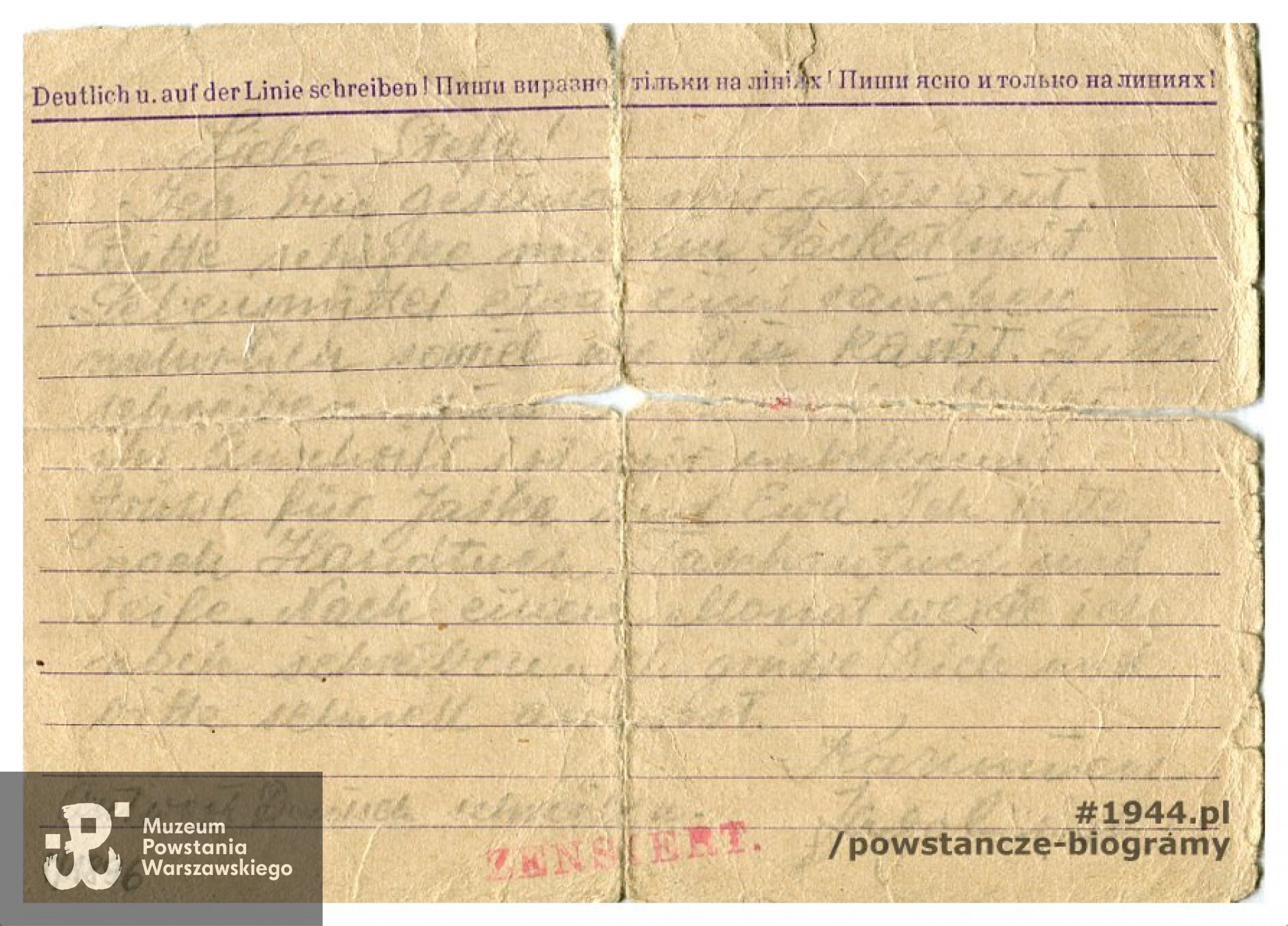 Uszkodzony list z obozu koncentracyjnego Flossenbürg napisany przed śmiercią przez Kazimierza Jagolińskiego ps. "Czarny". Ze zbiorów Muzeum Powstania Warszawskiego, sygn. MPW-A-2730 (P/1896)