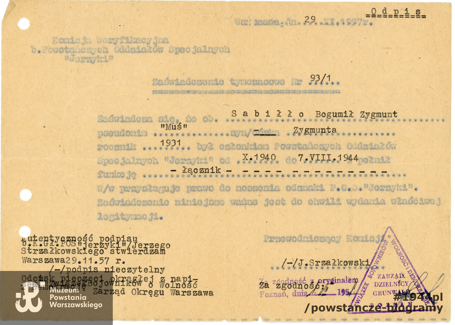 Dokument ze zbiorów rodzinnych, udostępnił p. Bogumił Sabiłło