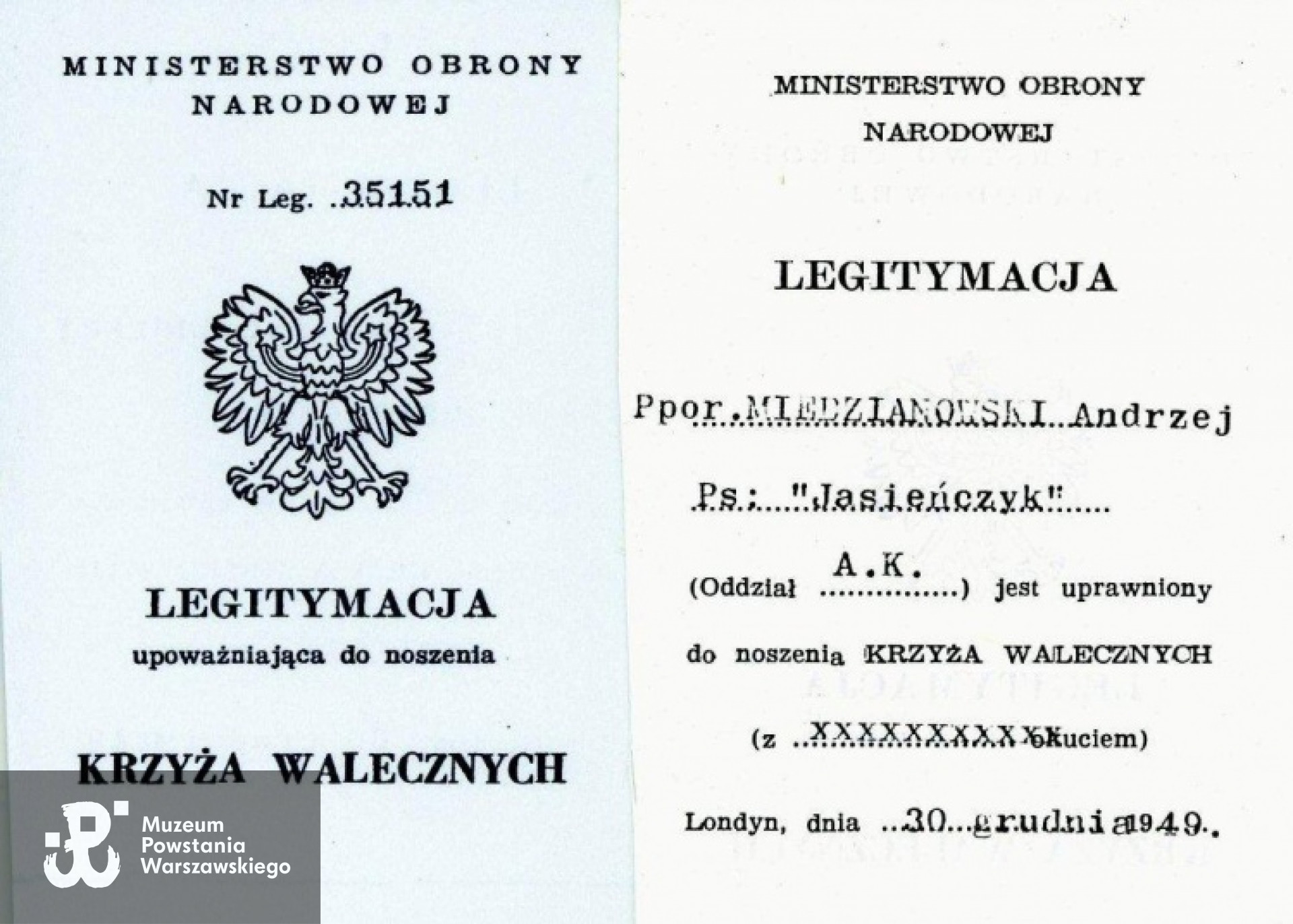 Legitymacja Krzyża Walecznych  -  Londyn  1949