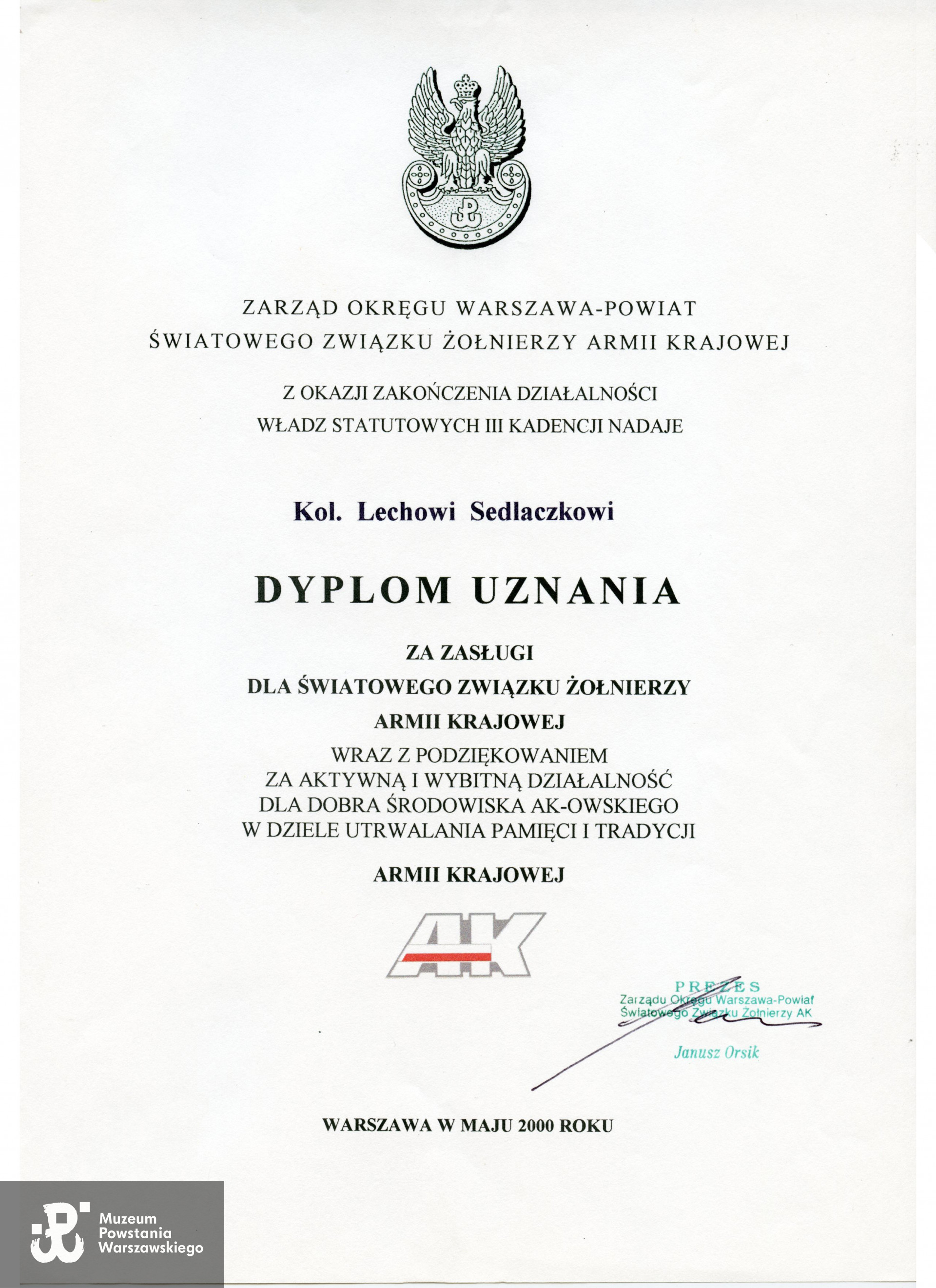 Dyplom uznania za zasługi dla Światowego Związku Żołnierzy Armii Krajowej. Z archiwum rodzinnego p. Lecha Sedlaczka ps. Hak