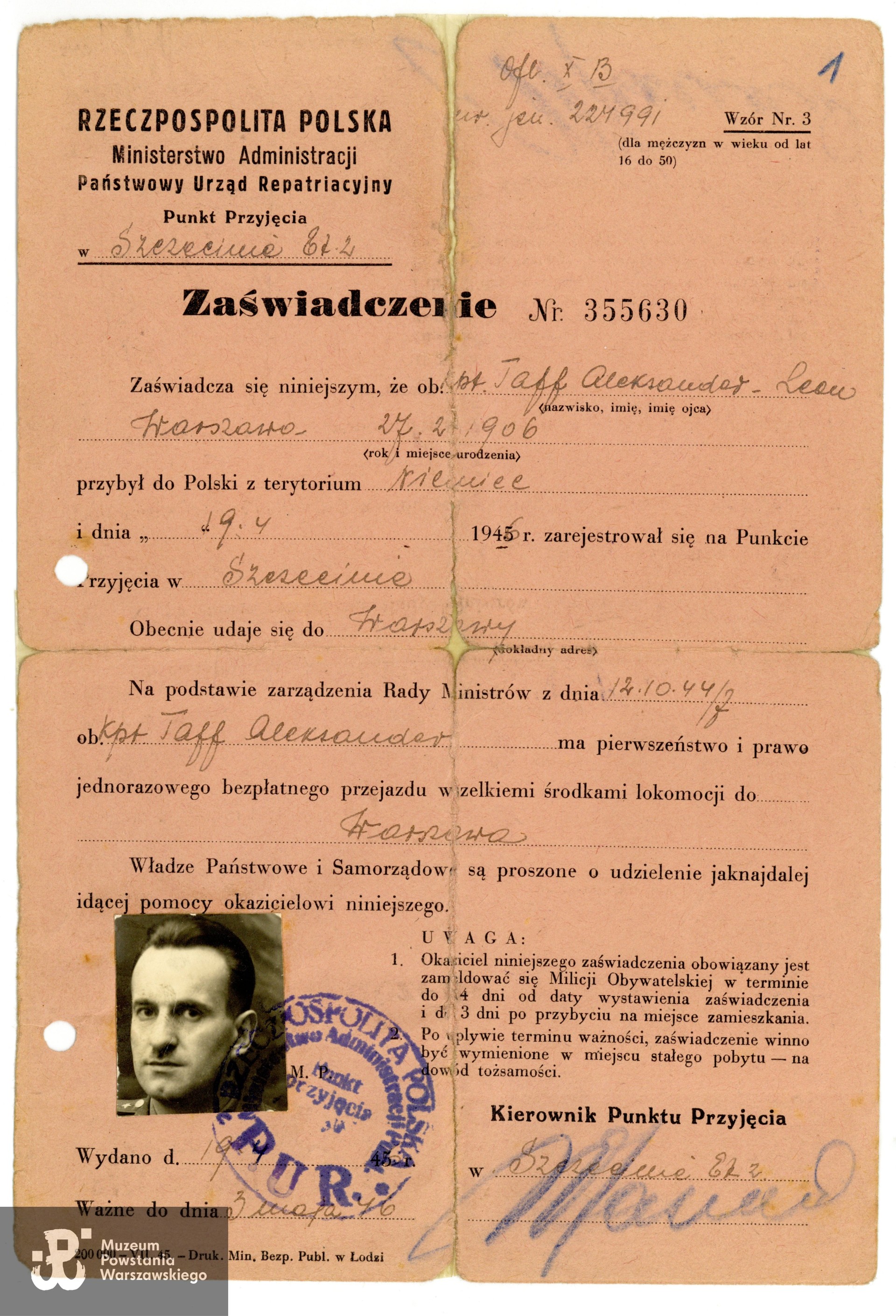 Zaświadczenie Państwowego Urzędu Repatriacyjnego (PUR) o powrocie z niewoli do kraju. Ze zbiorów rodzinnych, udostępniła wnuczka Powstańca, p. Paulina Taff. Skany wykonano w Muzeum Powstania Warszawskiego, 06/2024